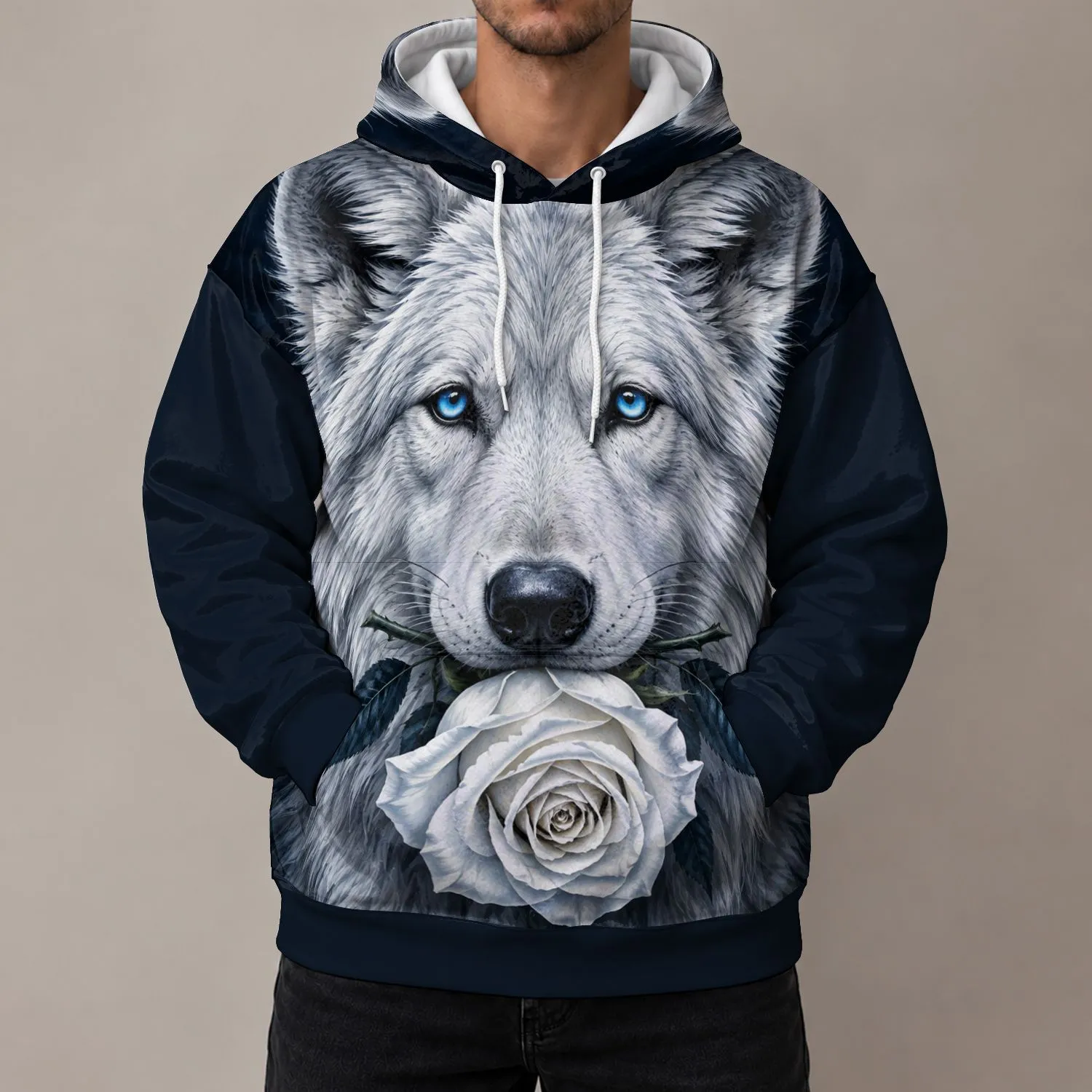 White Wolf and Rose Portrait for Bold Nature Lovers and Winter Nights All-over Print Hoodie (Lightweight) - 1