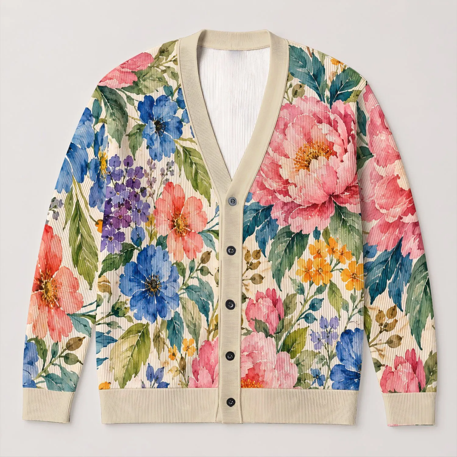 Watercolor Floral Elegance for Relaxed Everyday Layering, Women's Spring Outings All-over Print Knitted Cardigan - 1