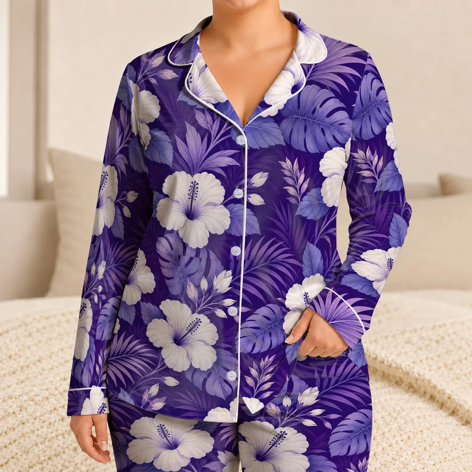 Royal Violet Hibiscus Blooms For Resort Evenings, Tropical Luxe Loungewear For Women Satin Pajamas Set - 1