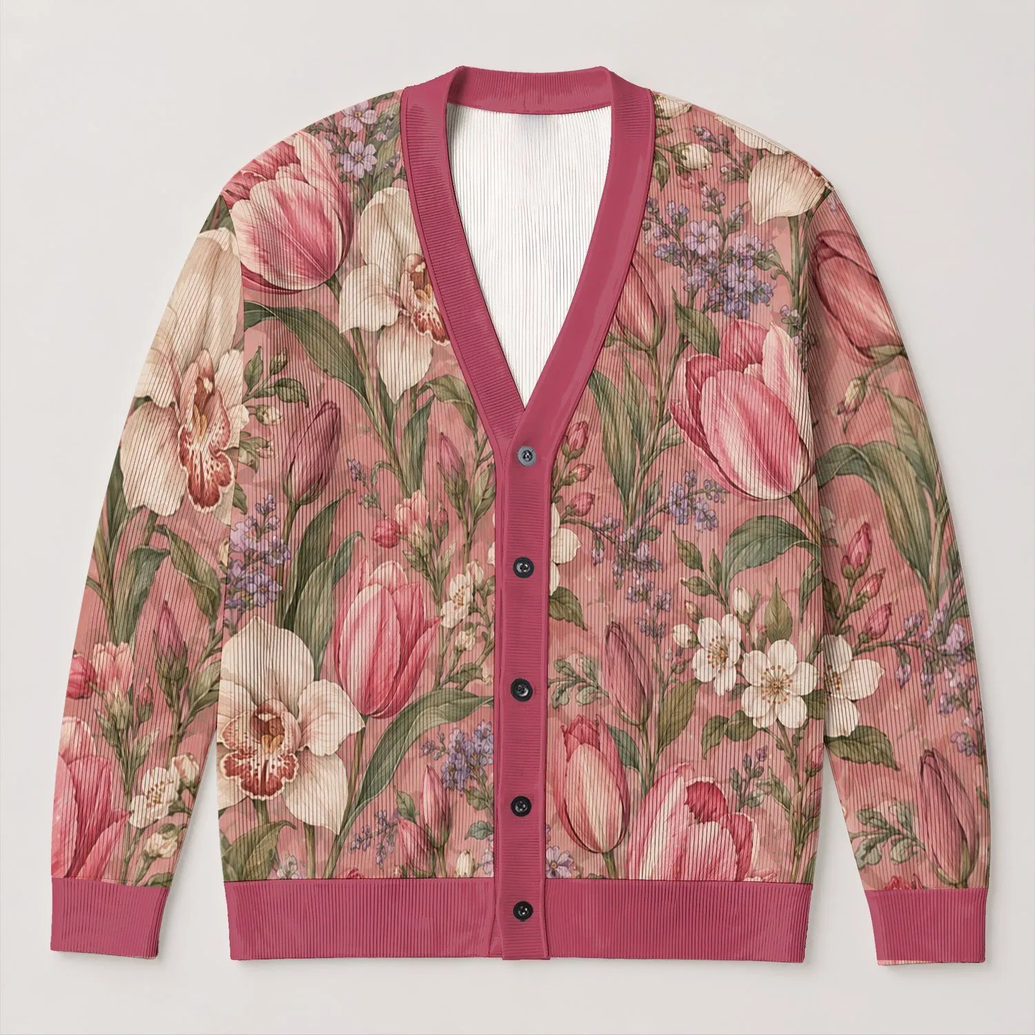 Pink Tulip And Orchid Botanical Garden For Everyday Spring Layering And City Strolls All-over Print Knitted Cardigan - 1