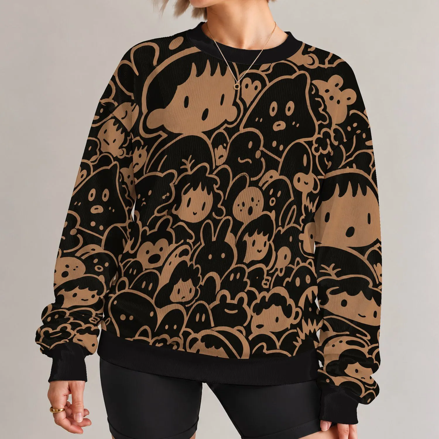 Quirky Brown Cartoon Faces for Casual Streetwear and Creative Everyday Style All-over Print Knitted Sweater - 1