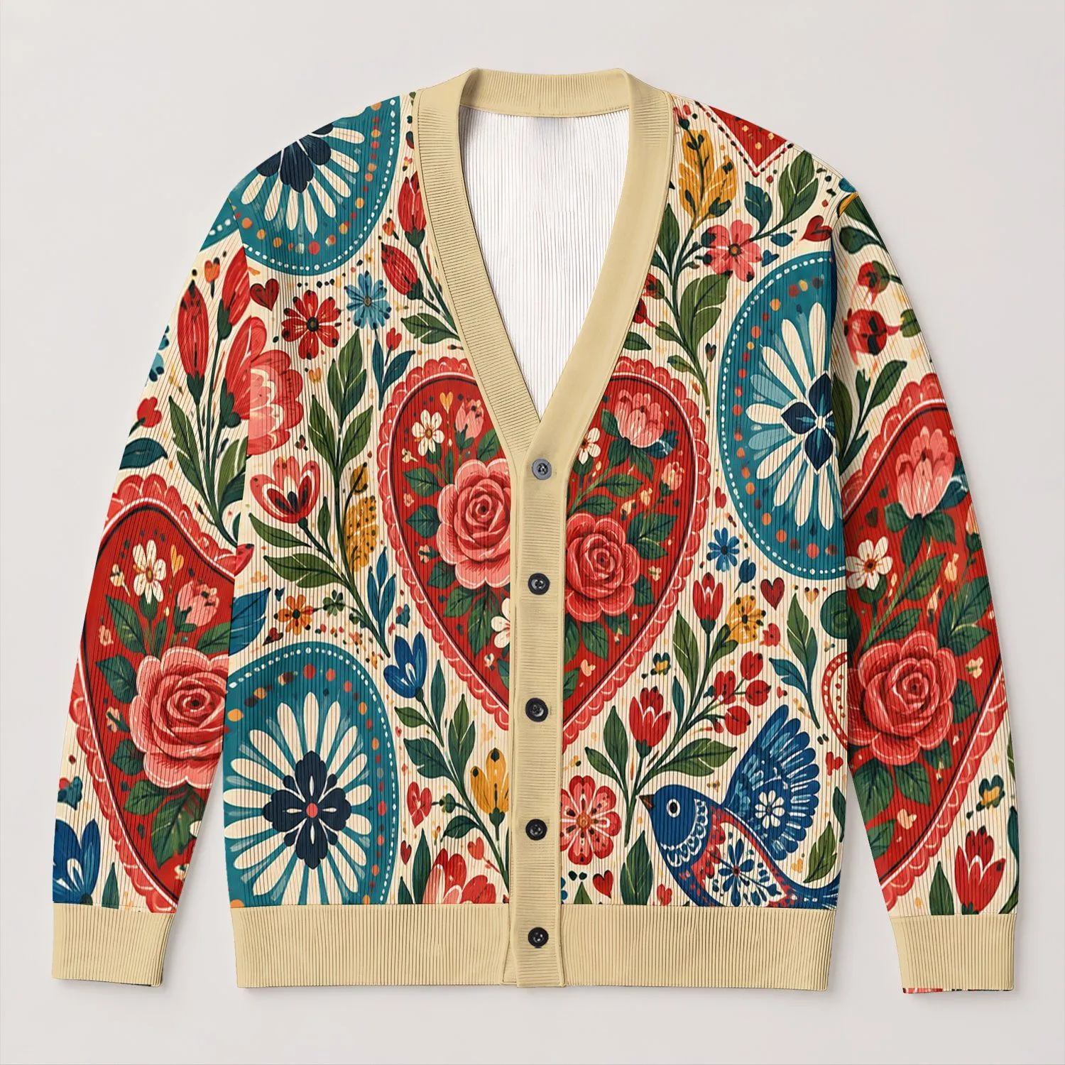 Colorful Folk Heart Floral Motifs for Everyday Layering, Romantic Casual Style for Women All-over Print Knitted Cardigan - 1