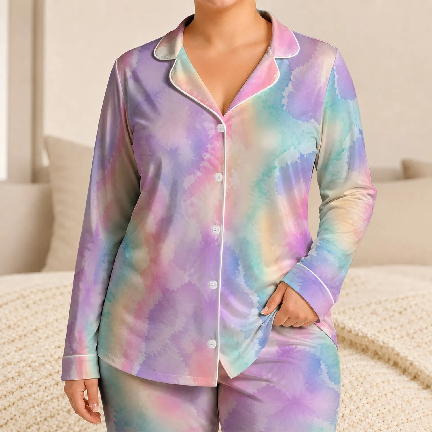 Lavender Rainbow Tie Dye For Summer Nights, Soft Pastel Macaron Mood Satin Pajamas Set - 1