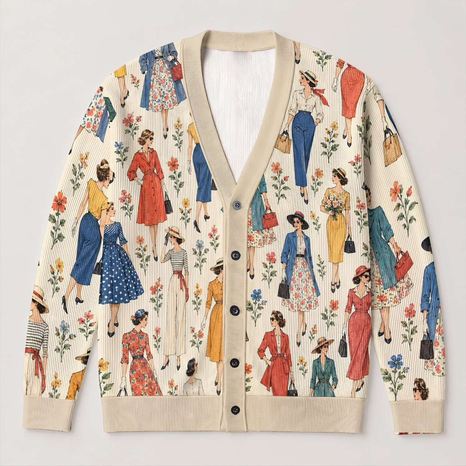 Vintage Fashion Women Figures For Everyday Layering Retro Style Mother’s Day Gift All-over Print Knitted Cardigan - 1