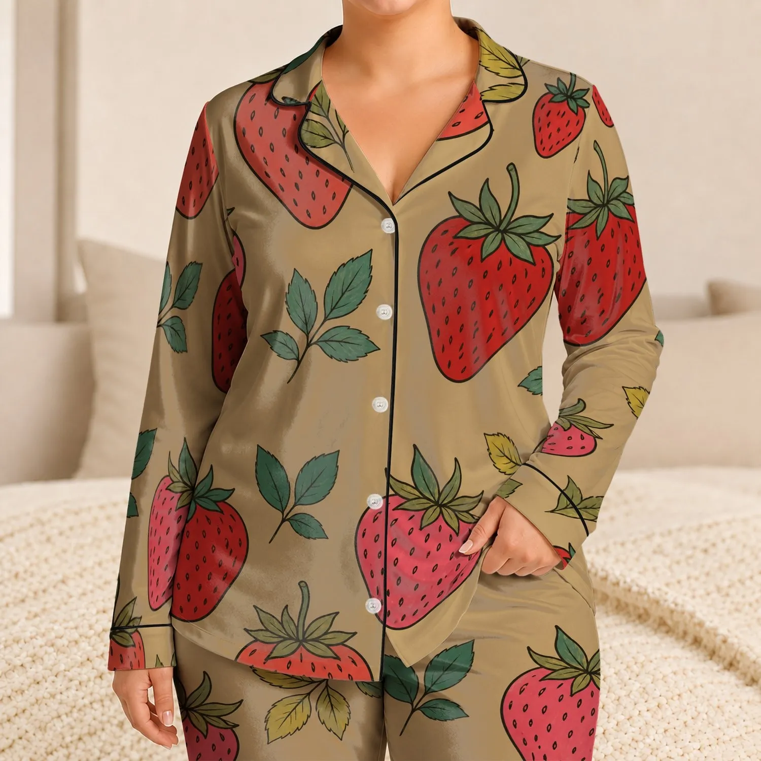 Khaki Strawberry Motif for Summer Lounging, Beach Days, Weekend Trips, and Gifts for Her Satin Pajamas Set - 1