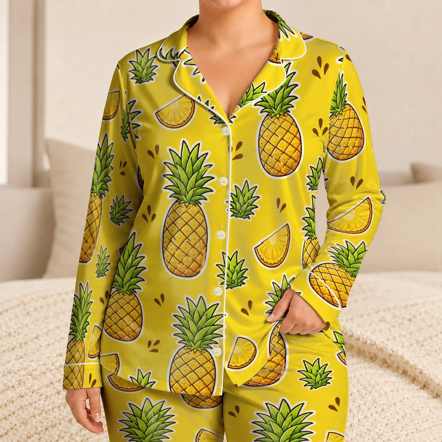 Cheerful Pineapple Motif For Sunny Getaways And Cozy Lounging By The Poolside Days Satin Pajamas Set - 1