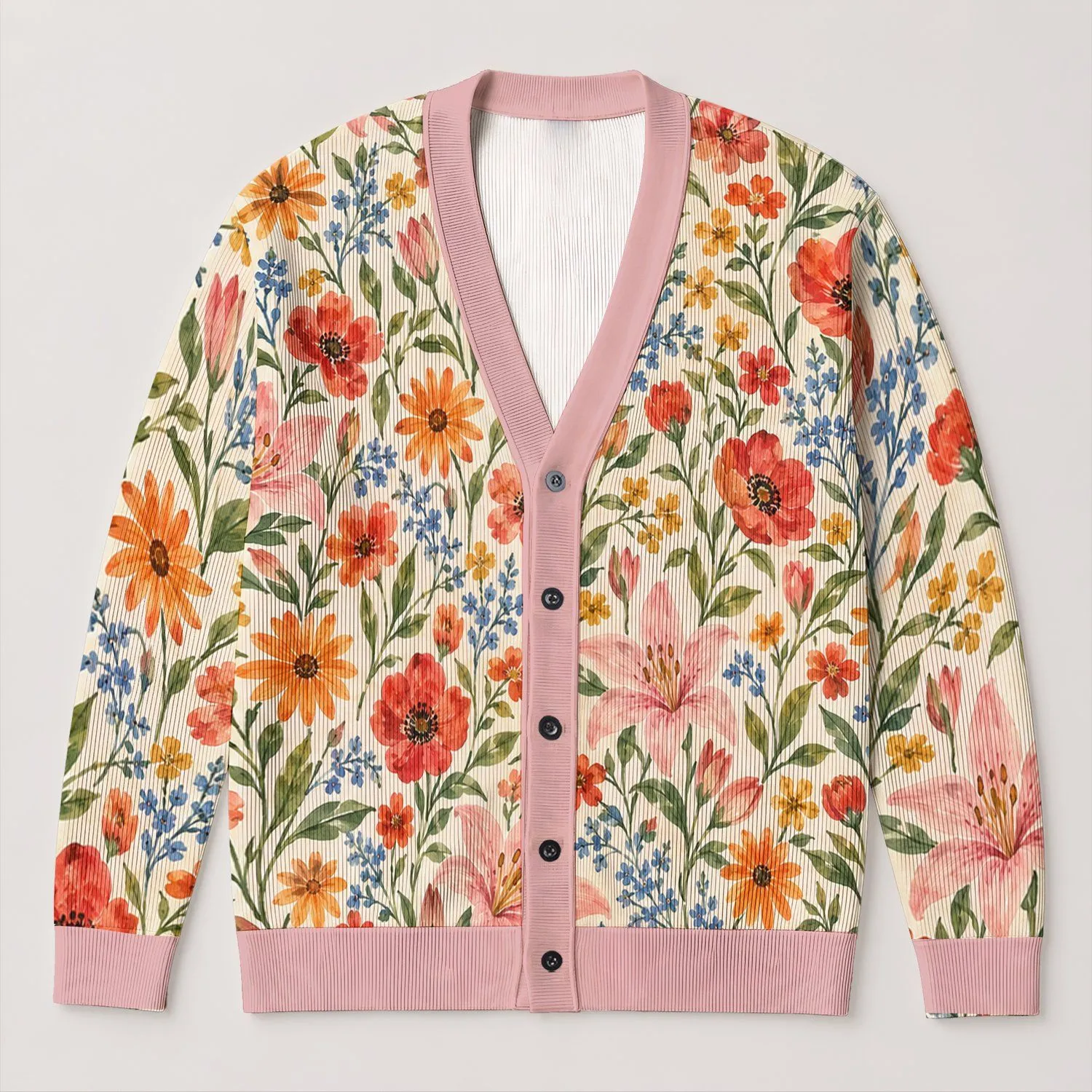 Watercolor Wildflower Blooms for Relaxed Coastal Layering, Women's Everyday Style All-over Print Knitted Cardigan - 1