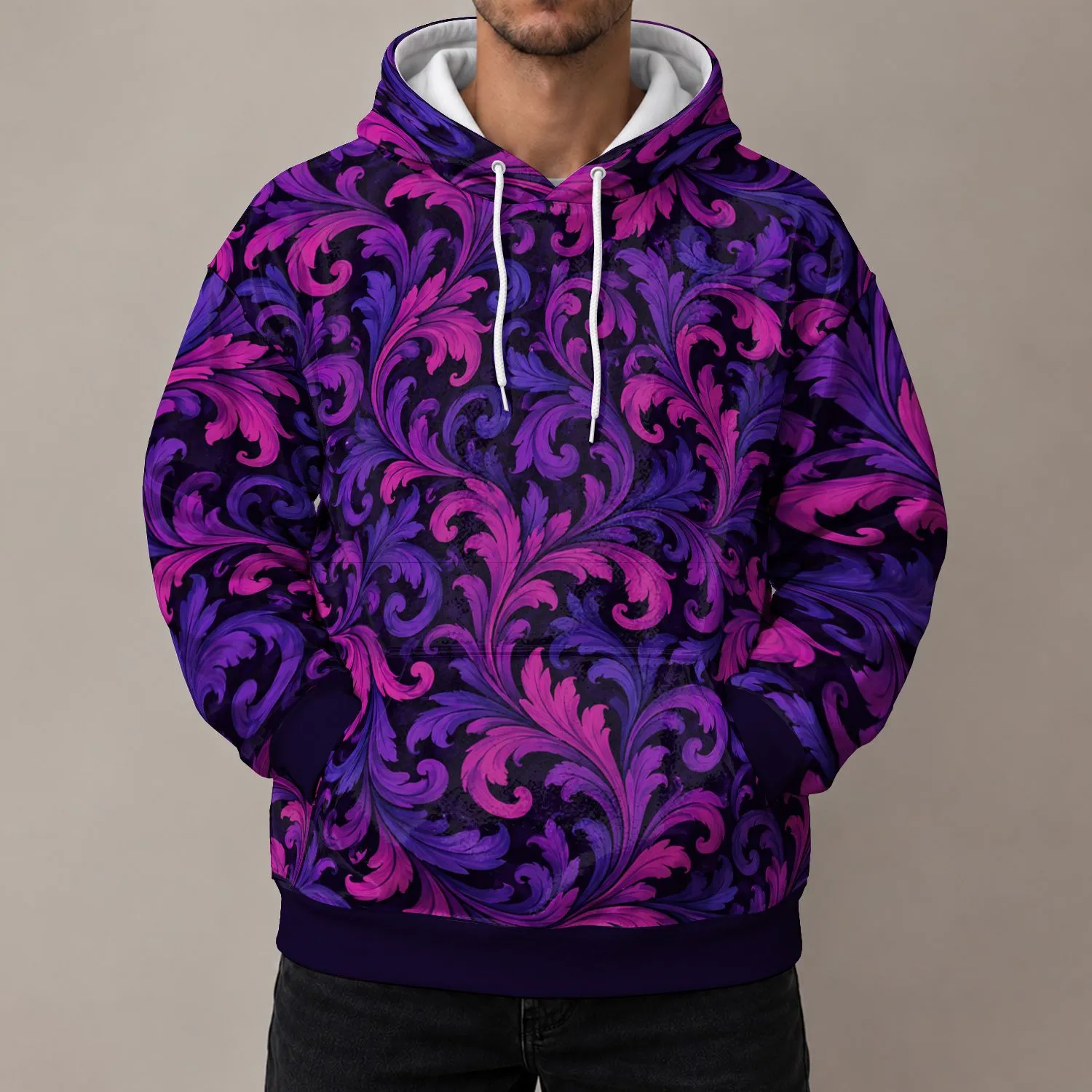 Magenta Violet Baroque Swirls for Night Out and Everyday Alternative Street Style All-over Print Hoodie (Lightweight) - 1