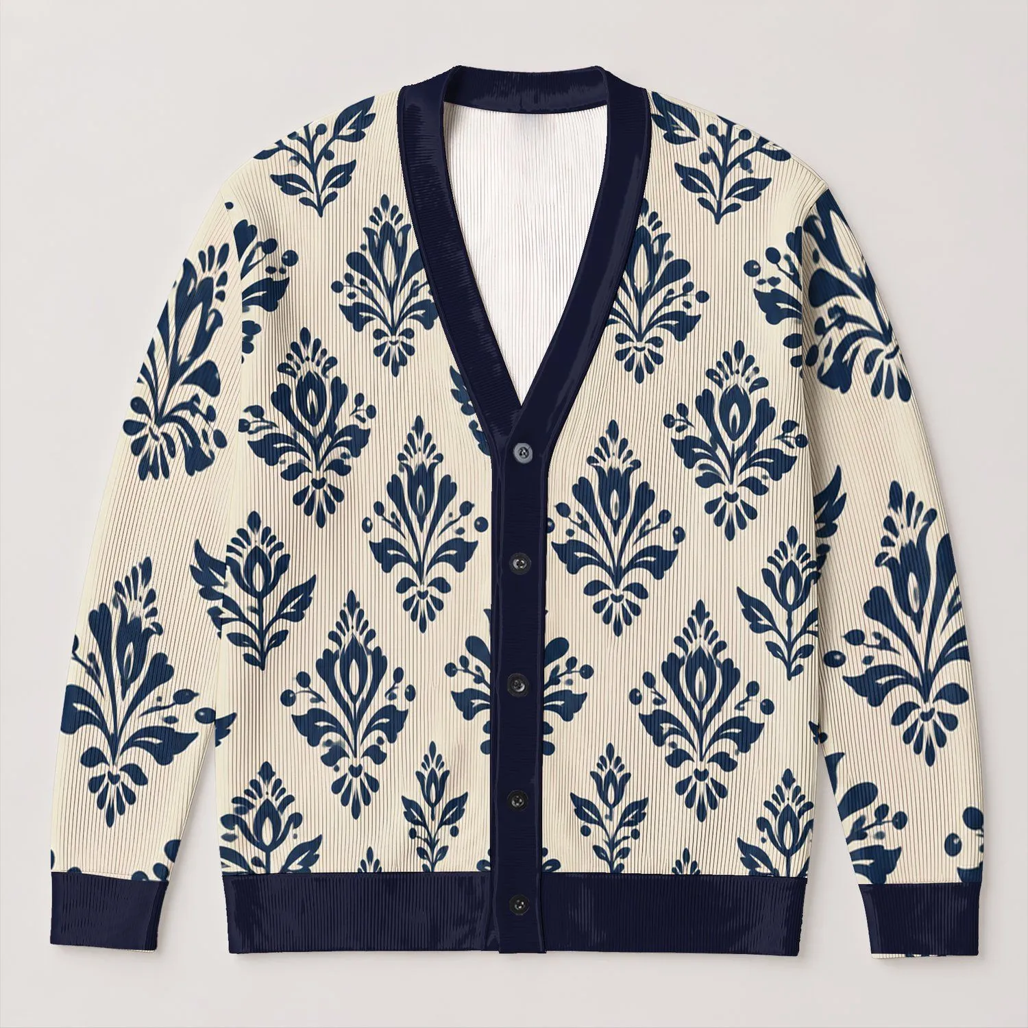 Navy Folk Floral Motifs For Cozy Autumn Layering And Everyday Women's Boho Style All-over Print Knitted Cardigan - 1