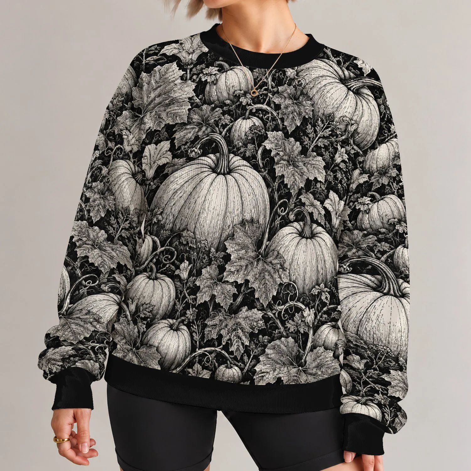 Monochrome Pumpkin Field for Crisp Autumn Outings and Relaxed Everyday Streetwear Style All-over Print Knitted Sweater - 1