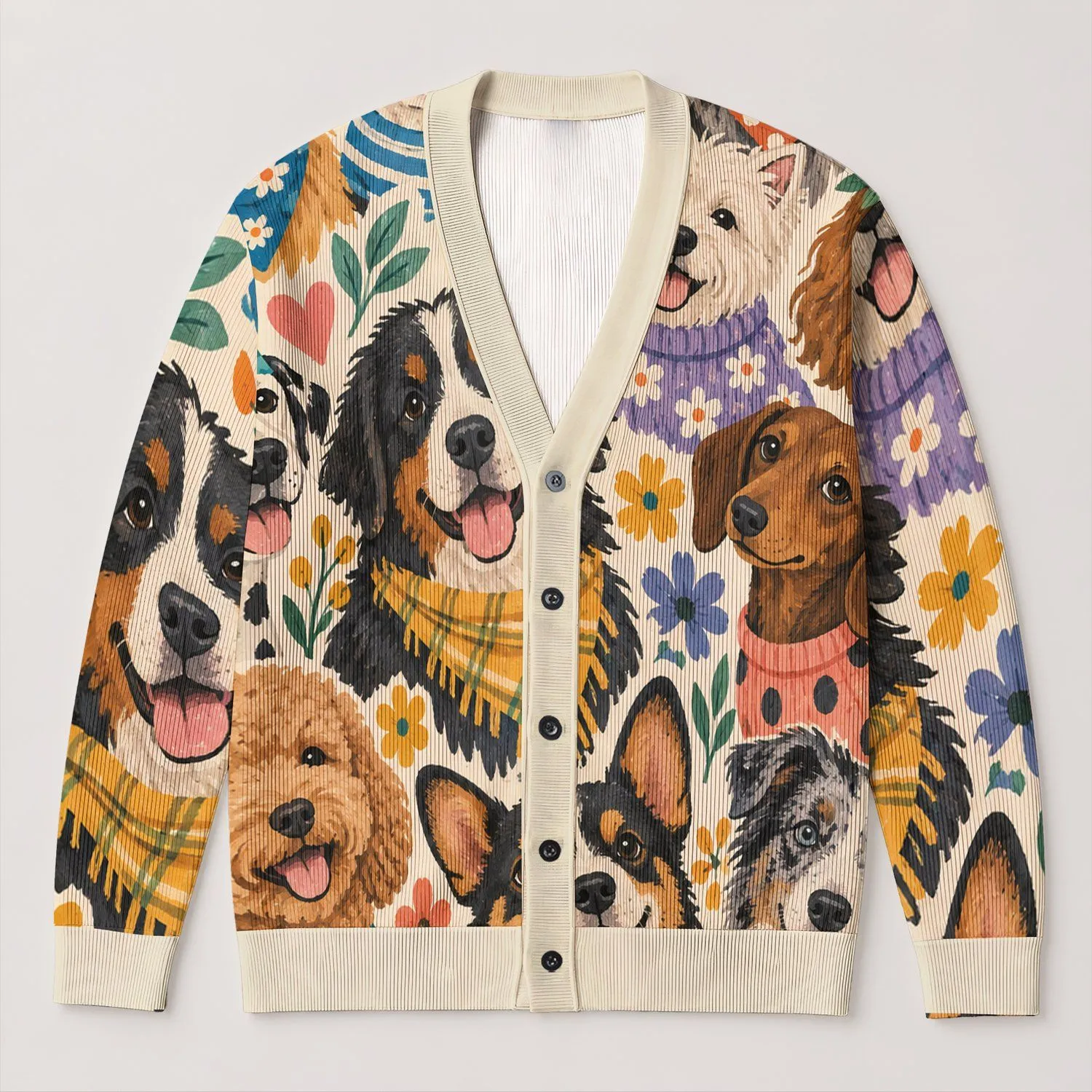 Playful Cartoon Dogs in Colorful Outfits for Casual Everyday Layering, Dog Lovers Style All-over Print Knitted Cardigan - 1