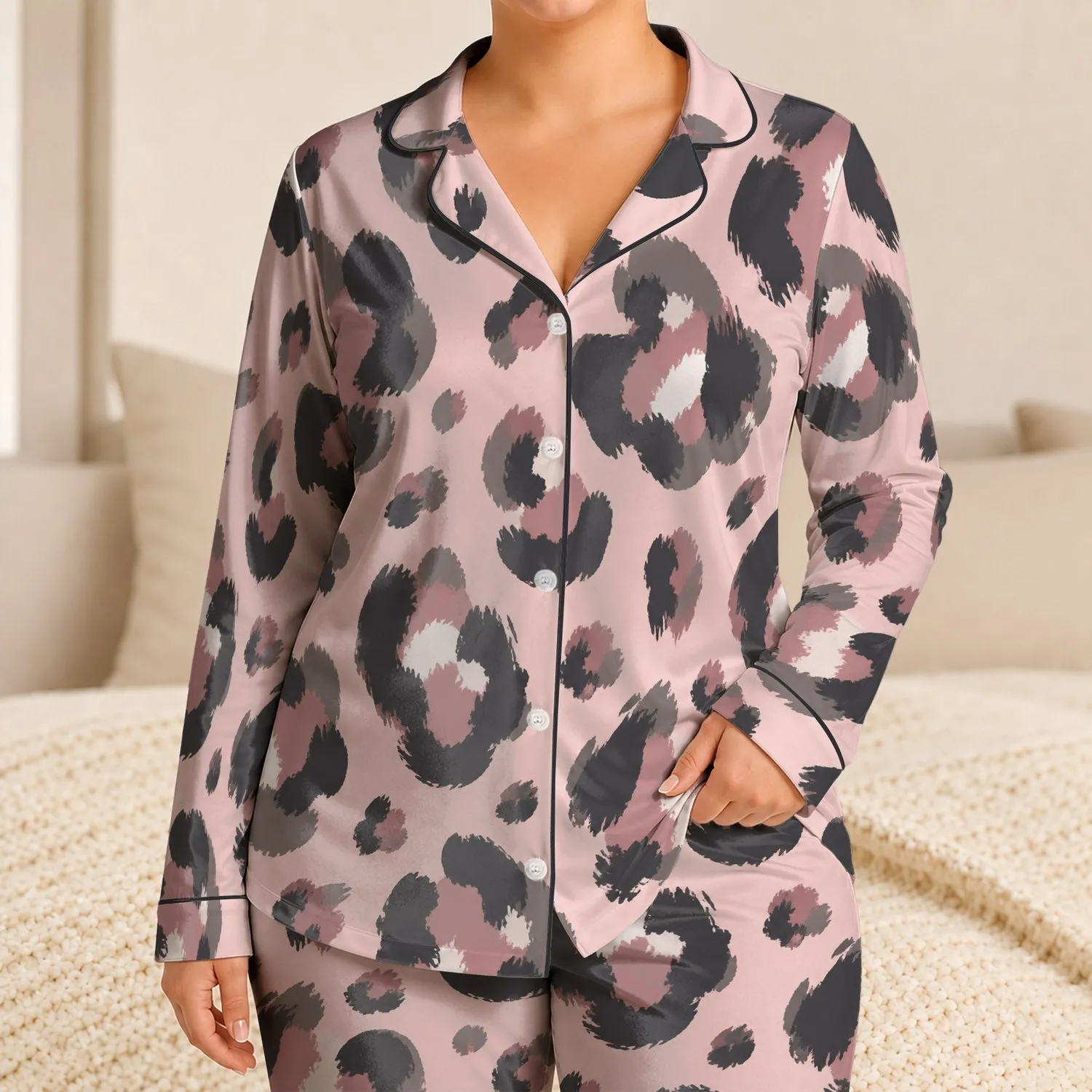 Blush Leopard Motif For Cozy Evenings, Relaxed Mornings, And Gift Giving For Her Satin Pajamas Set - 1