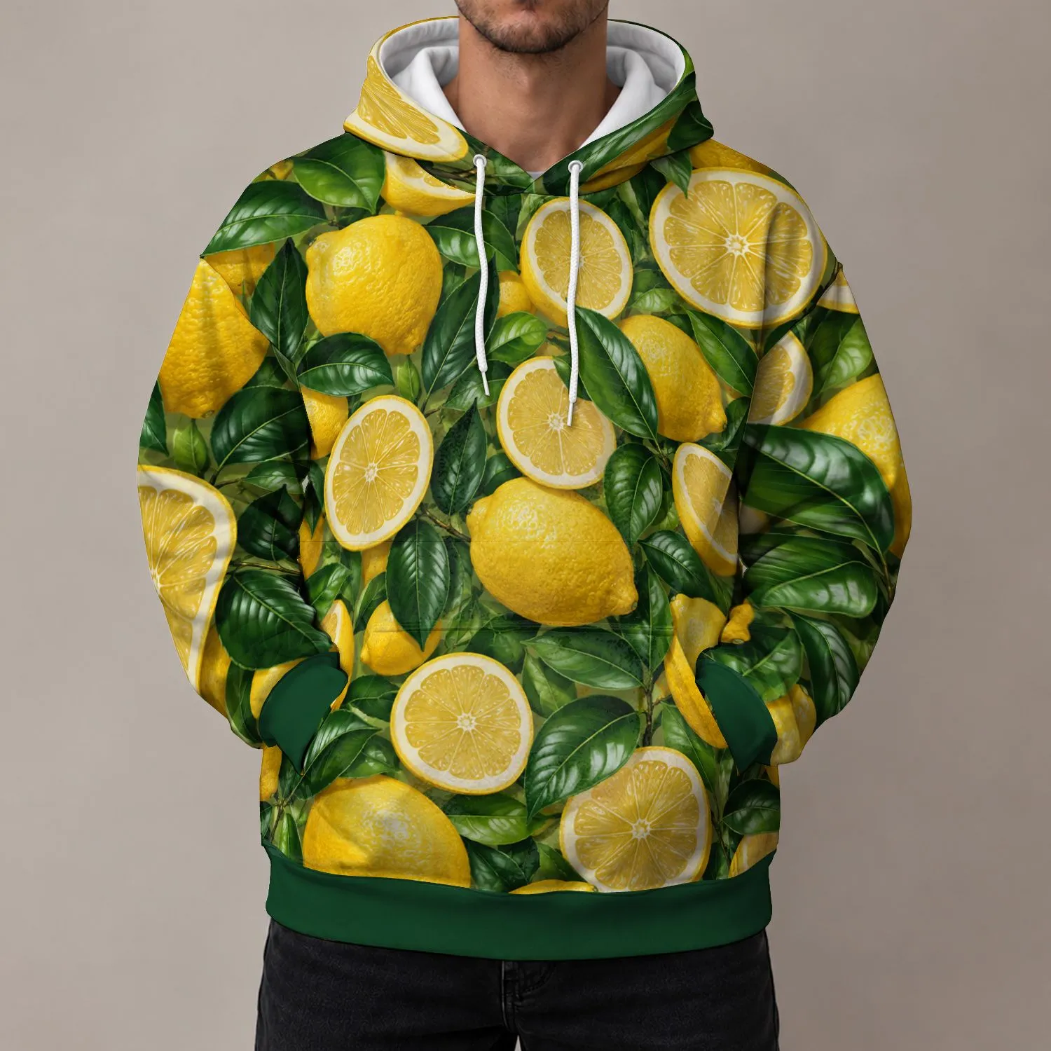 Lemon Slice and Green Leaf Motifs for Fresh Casual Summer Weekend Streetwear Style All-over Print Hoodie (Lightweight) - 1
