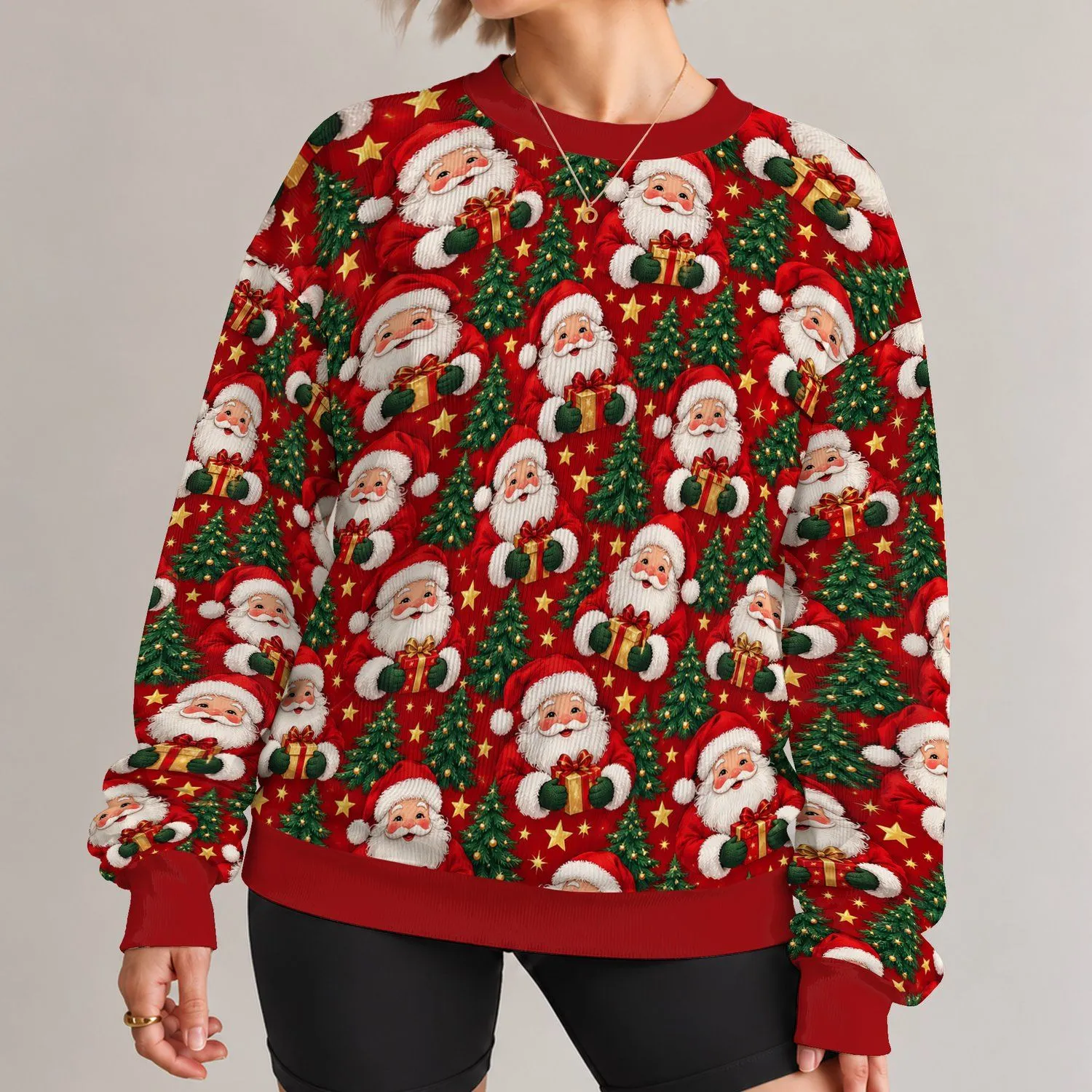 Santa Faces and Evergreen Trees for Festive Christmas Holiday Celebrations Together All-over Print Knitted Sweater - 1