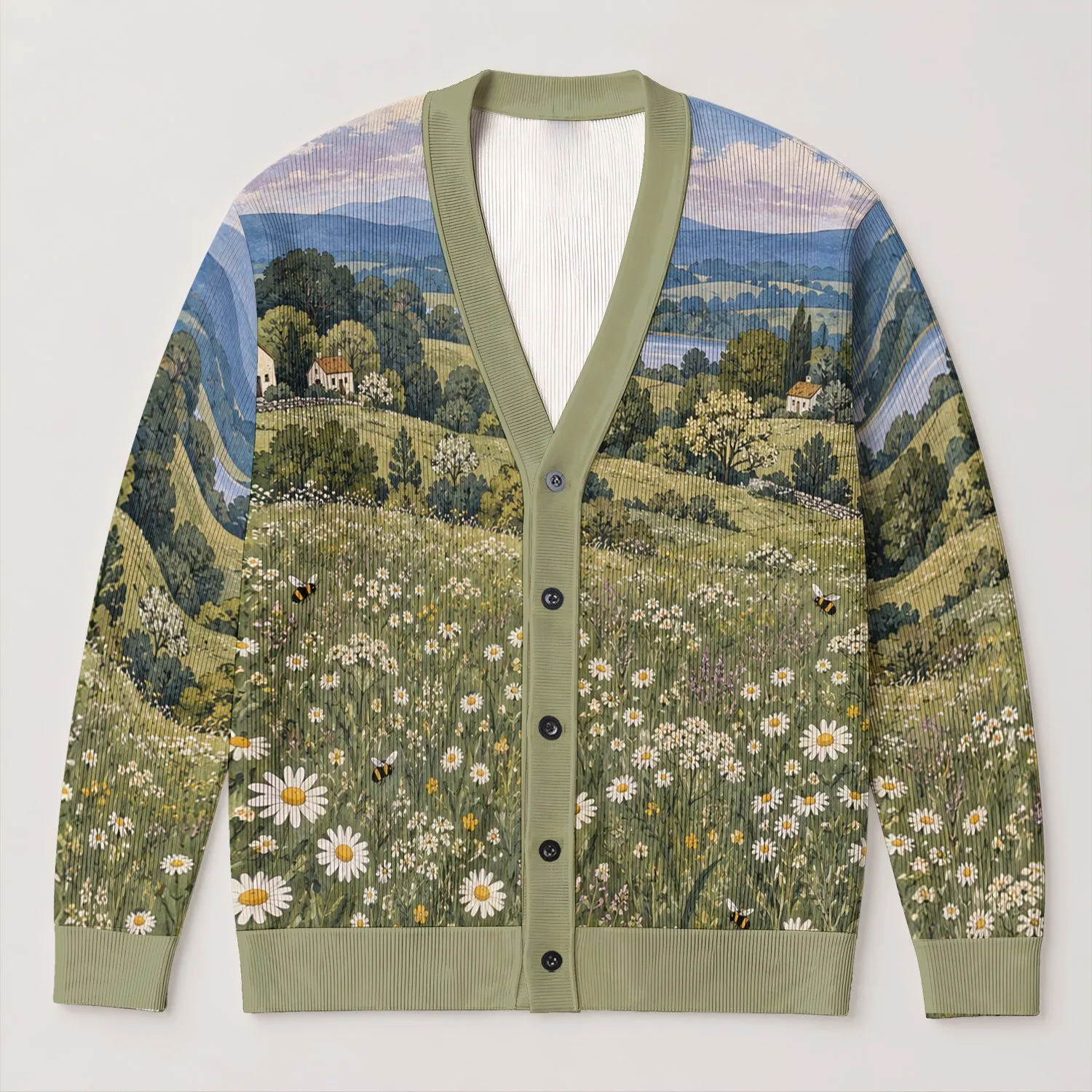 Countryside Daisy Meadow Scene for Relaxed Cottagecore Layering, Women's Everyday Style All-over Print Knitted Cardigan - 1
