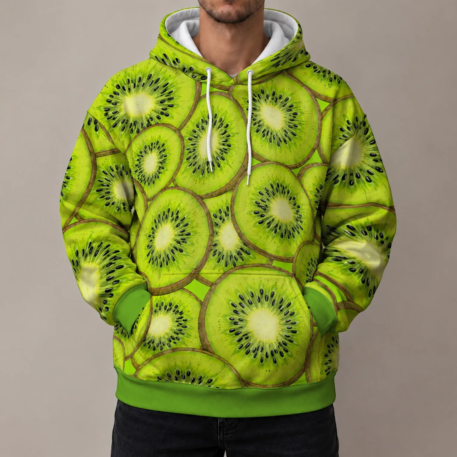 Lime Green Kiwi Slice Motif For Fresh Everyday Street Style Wear All-over Print Hoodie (Lightweight) - 1