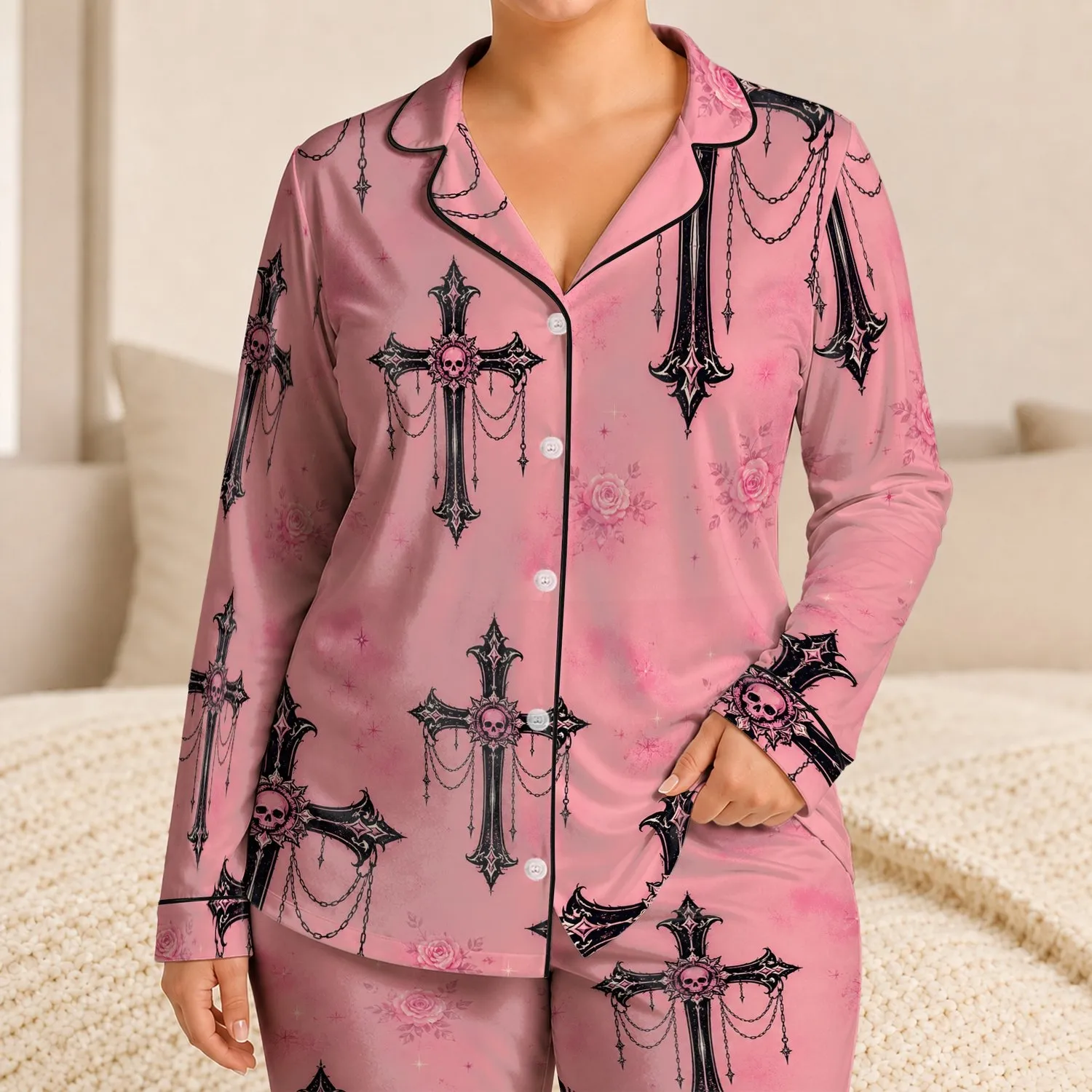 Blush Pink Gothic Cross Chain Sleepwear for Cozy Nights, Alt Style Women Fans Satin Pajamas Set - 1