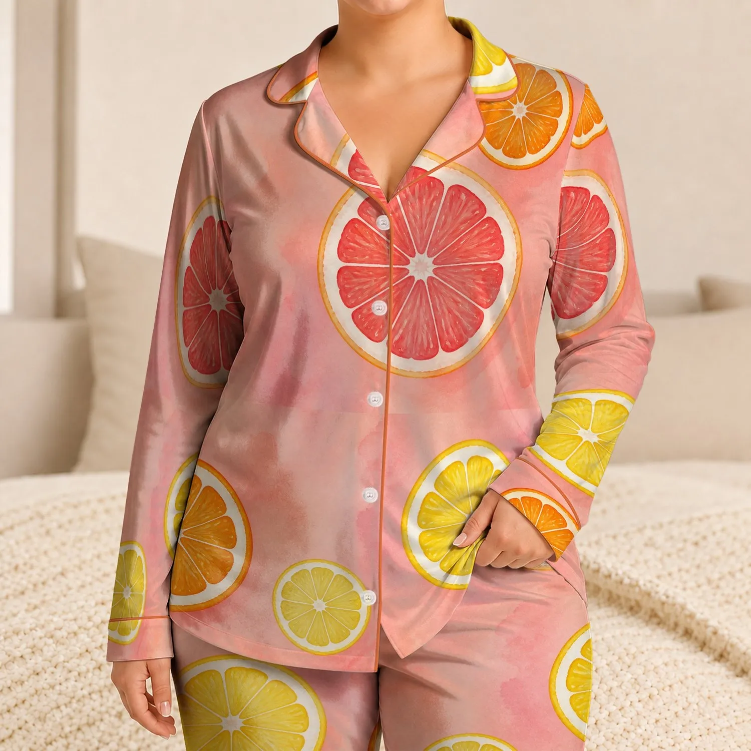 Blush Citrus Slice Watercolor Resort Nights for Cozy Summer Getaways for Women Satin Pajamas Set - 1