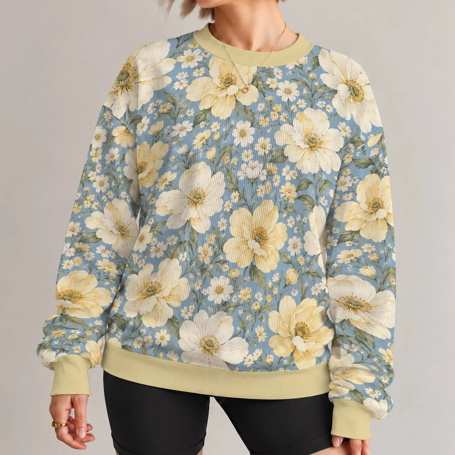 Oversized Cream Wildflowers and Blue Botanicals for Relaxed Springtime Everyday Style All-over Print Knitted Sweater - 1
