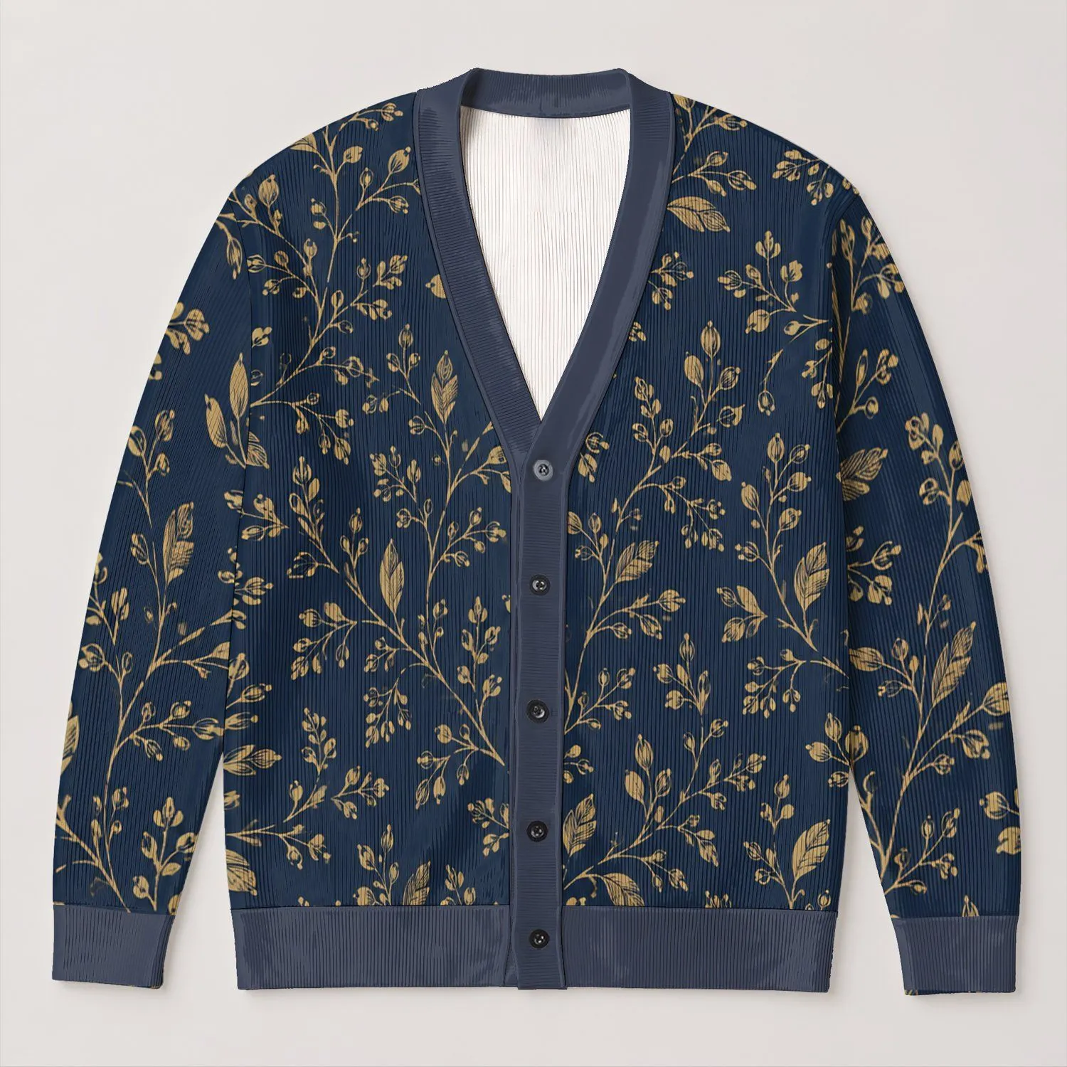 Gold Botanical Vine Motif on Navy Casual Layering Style for Women and Everyday Wear All-over Print Knitted Cardigan - 1
