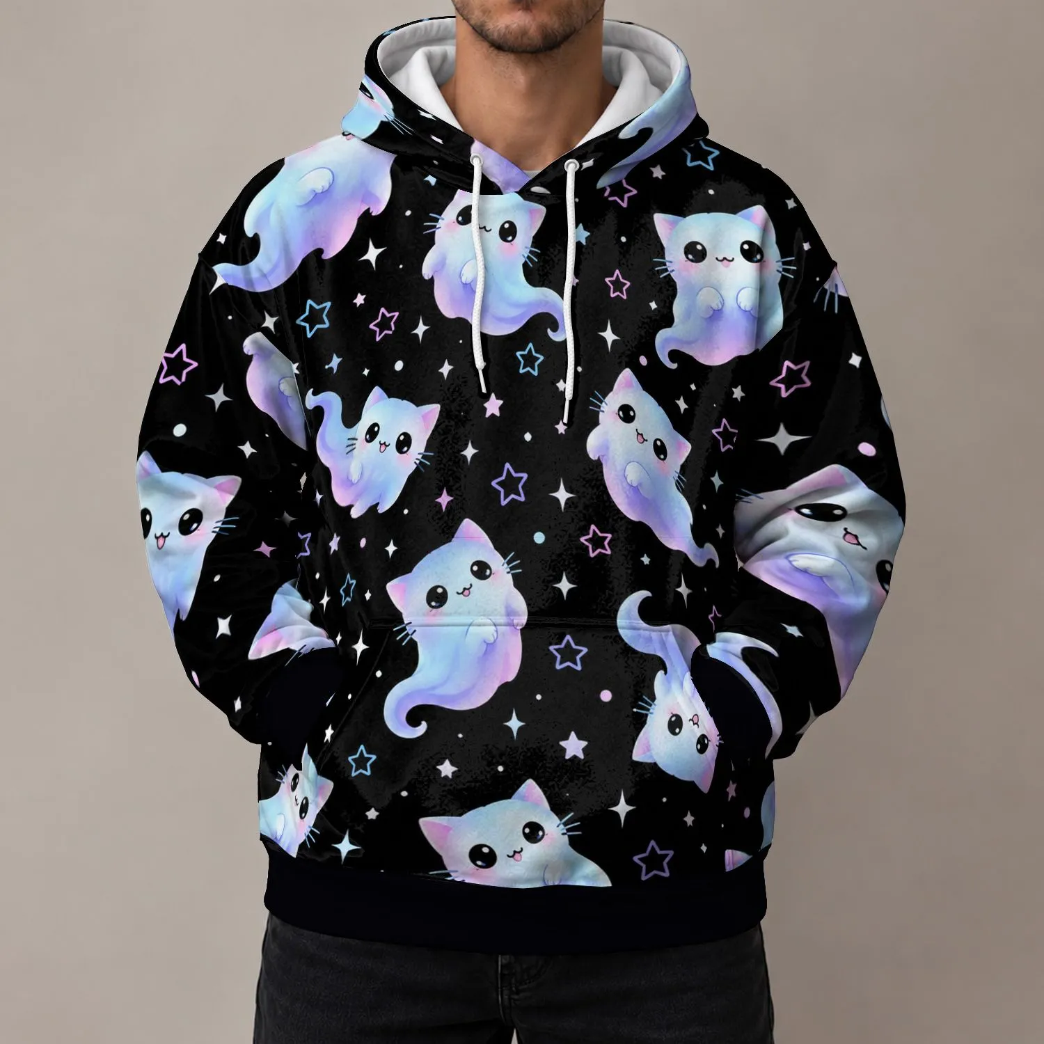 Pastel Ghost Cats and Neon Stars for Whimsical Everyday Wear and Nighttime Outings All-over Print Hoodie (Lightweight) - 1