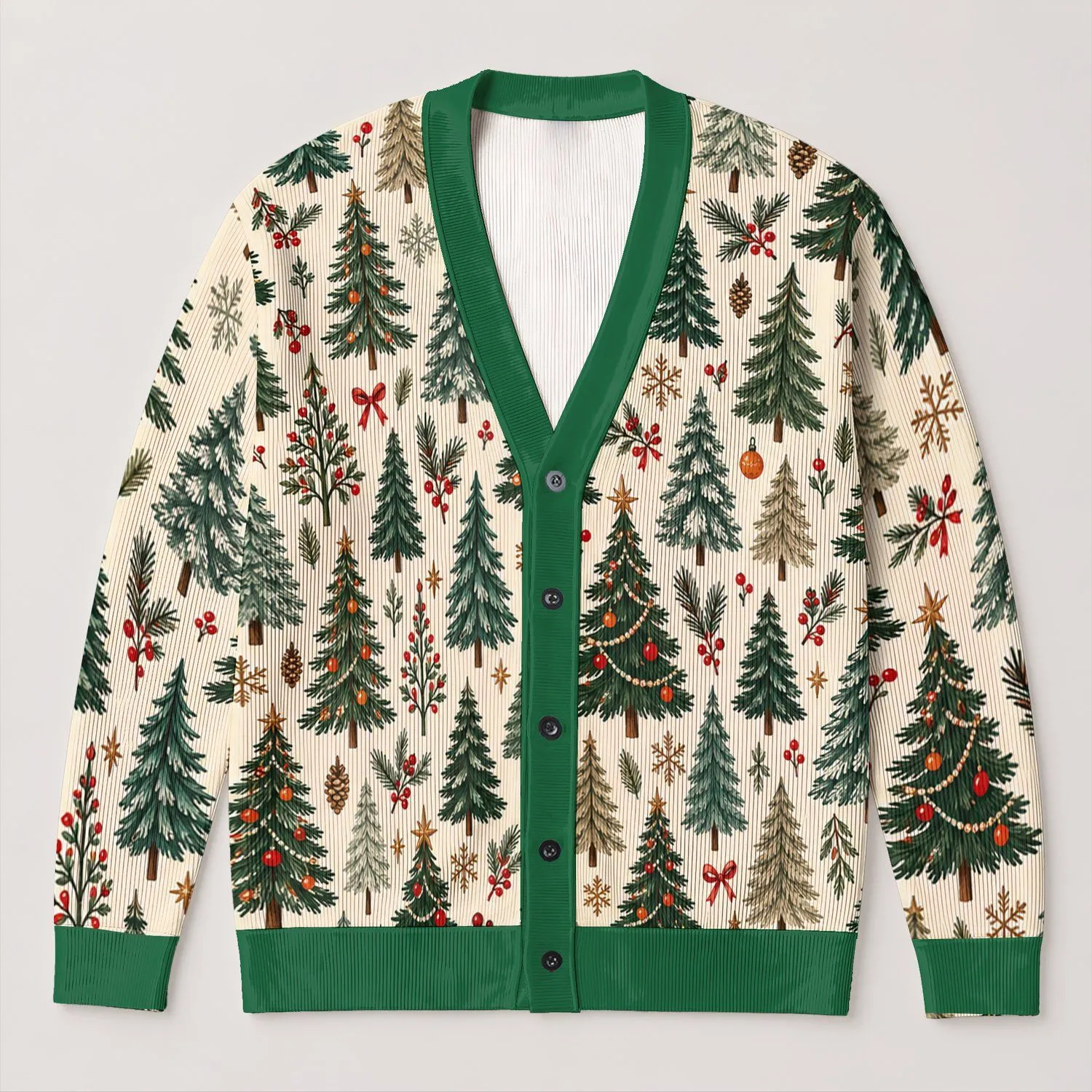 Christmas Tree Holiday Motifs For Cozy Winter Gatherings And Festive Everyday Layering All-over Print Knitted Cardigan - 1