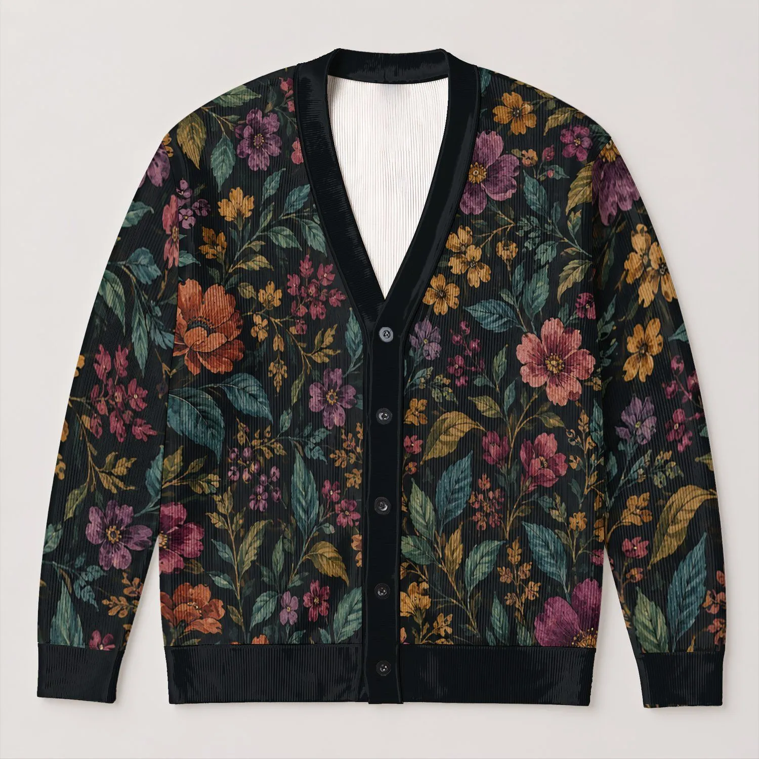 Dark Botanical Blooms for Relaxed Everyday Layering and Weekend Wear for Women’s Style All-over Print Knitted Cardigan - 1