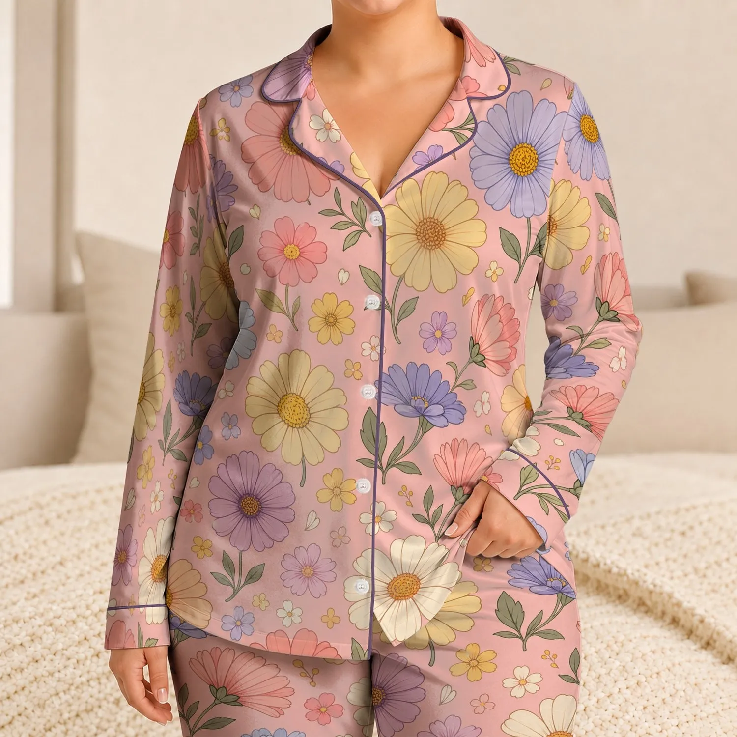Blush Daisy Floral For Cozy Nights, Relaxed Mornings, And Soft Pastel Home Style Satin Pajamas Set - 1
