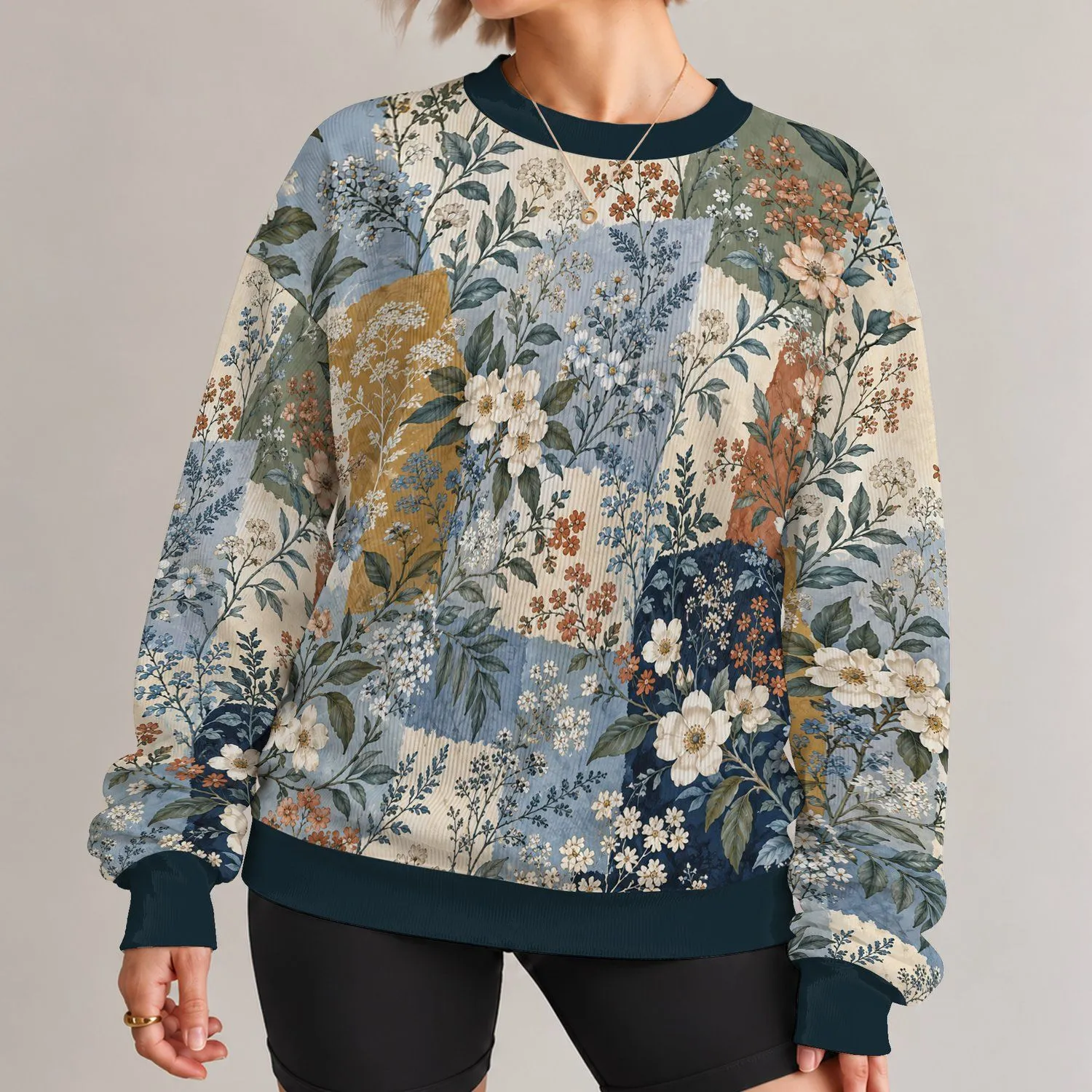 Blue And Ivory Botanical Patchwork Florals For Artful Everyday Casual Wardrobe Style All-over Print Knitted Sweater - 1