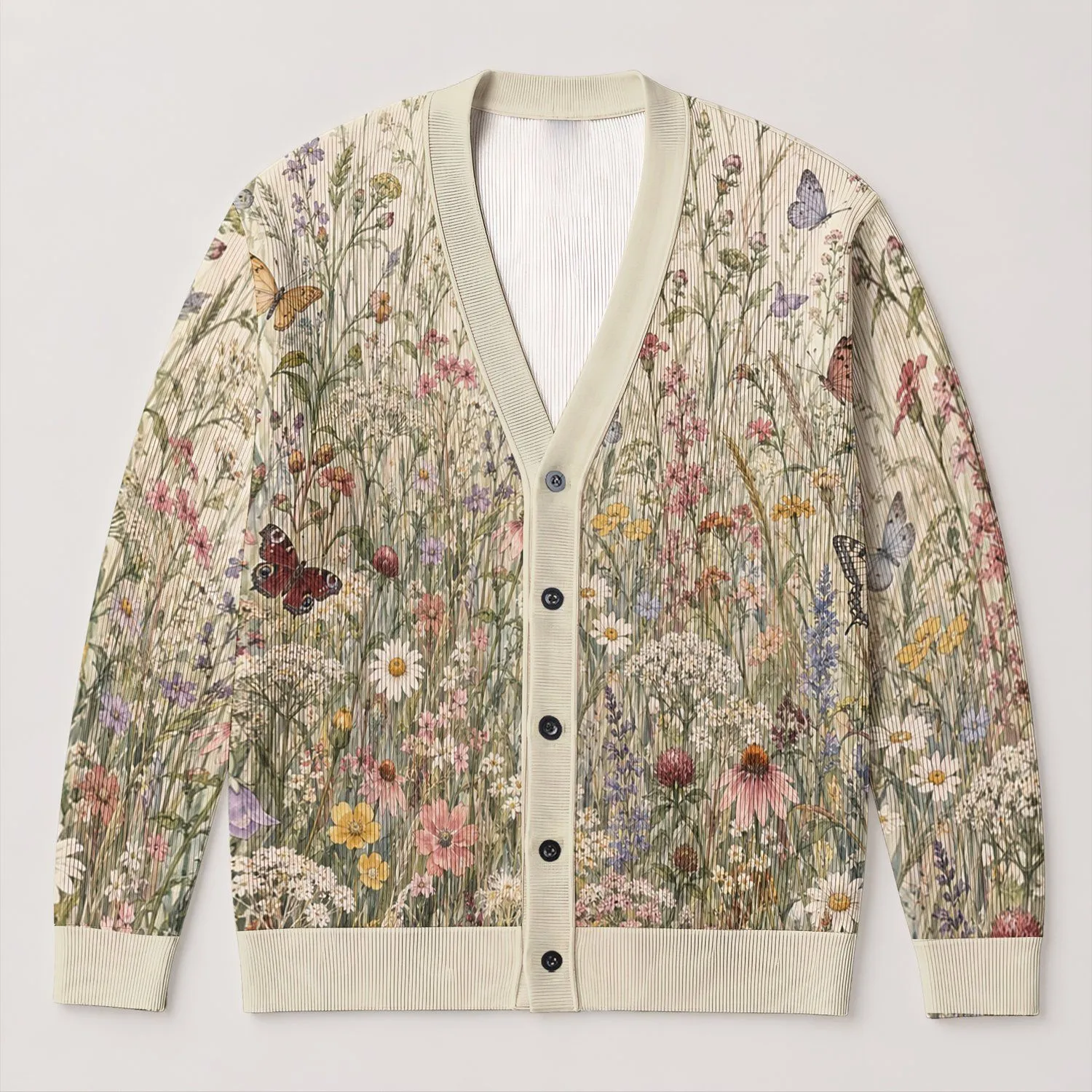 Butterflies And Wildflowers For Relaxed Everyday Layering, Nature-Loving Women’s Style All-over Print Knitted Cardigan - 1