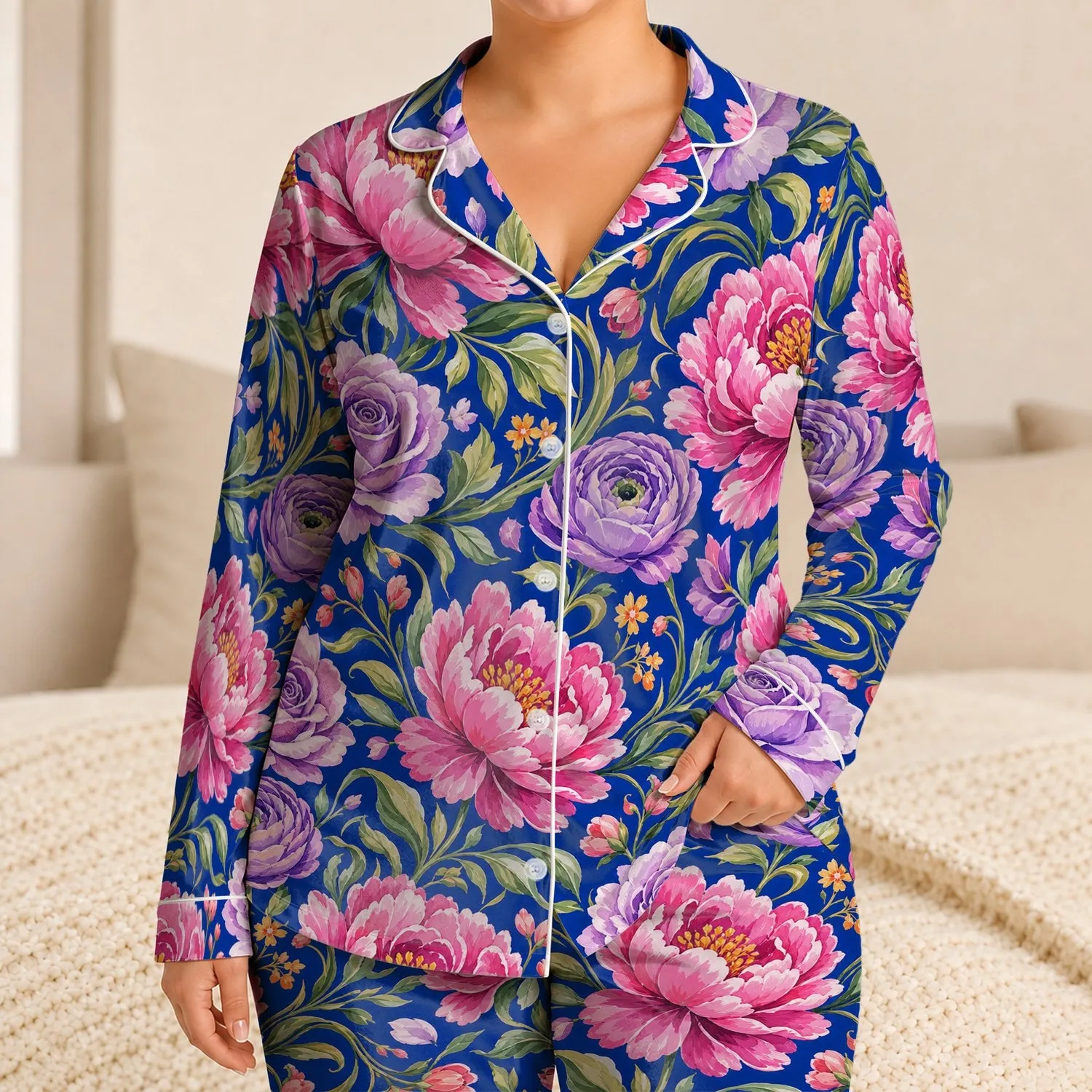 Blue Floral Peony And Rose Holiday Lounge Gift For Women, Soft Cozy Evening Wear Satin Pajamas Set - 1