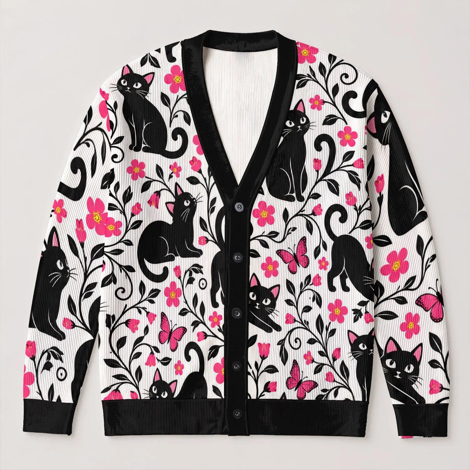 Black Cat Butterfly Floral Garden for Sweet Everyday Layering and Women's Vacation Style All-over Print Knitted Cardigan - 1