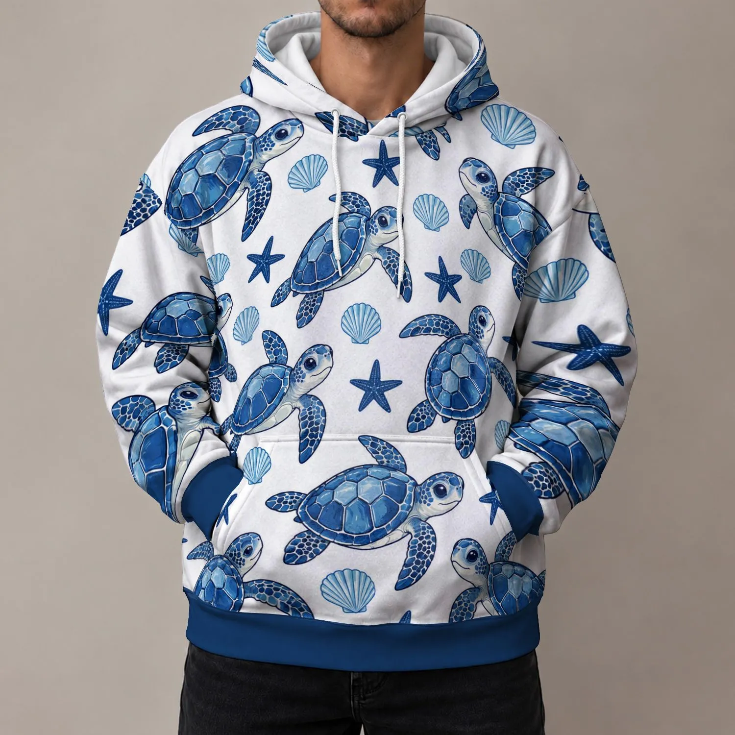 Blue Sea Turtles, Starfish And Shells For Relaxed Coastal Everyday Style Lovers All-over Print Hoodie (Lightweight) - 1
