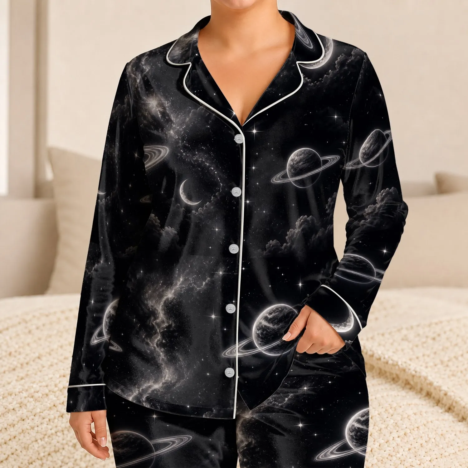 Midnight Galaxy Moon And Ringed Planet Lounge Wear For Cozy Night In Comfort Seekers Satin Pajamas Set - 1