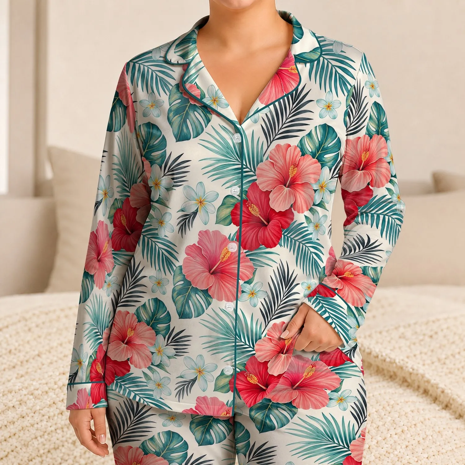 Tropical Hibiscus Palm Leaf Resort Sleep Set For Women Summer Holiday Loungewear Satin Pajamas Set - 1