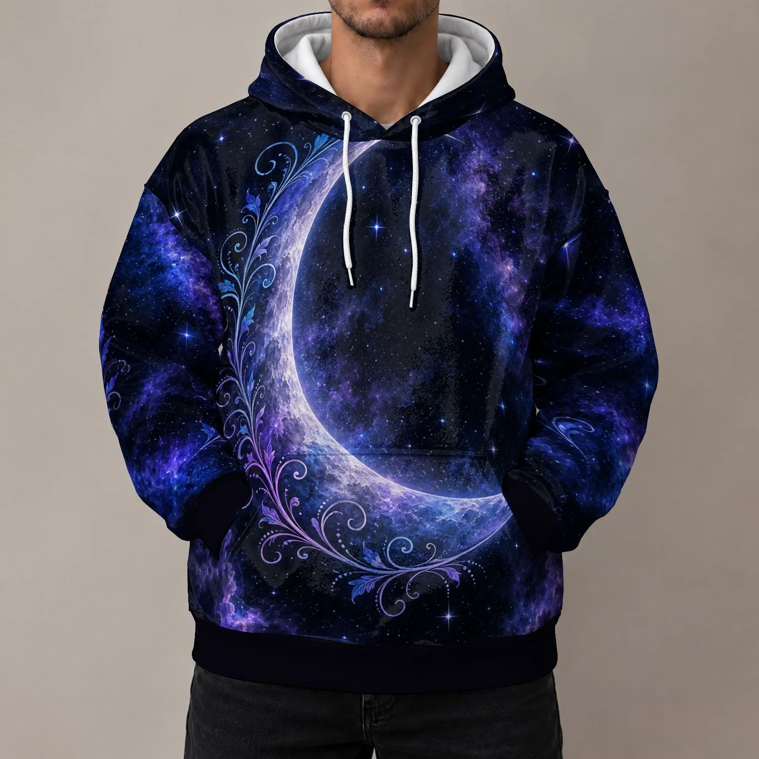Purple Blue Crescent Moon And Starry Nebulae For Cosmic Everyday Street Style Wear All-over Print Hoodie (Lightweight) - 1