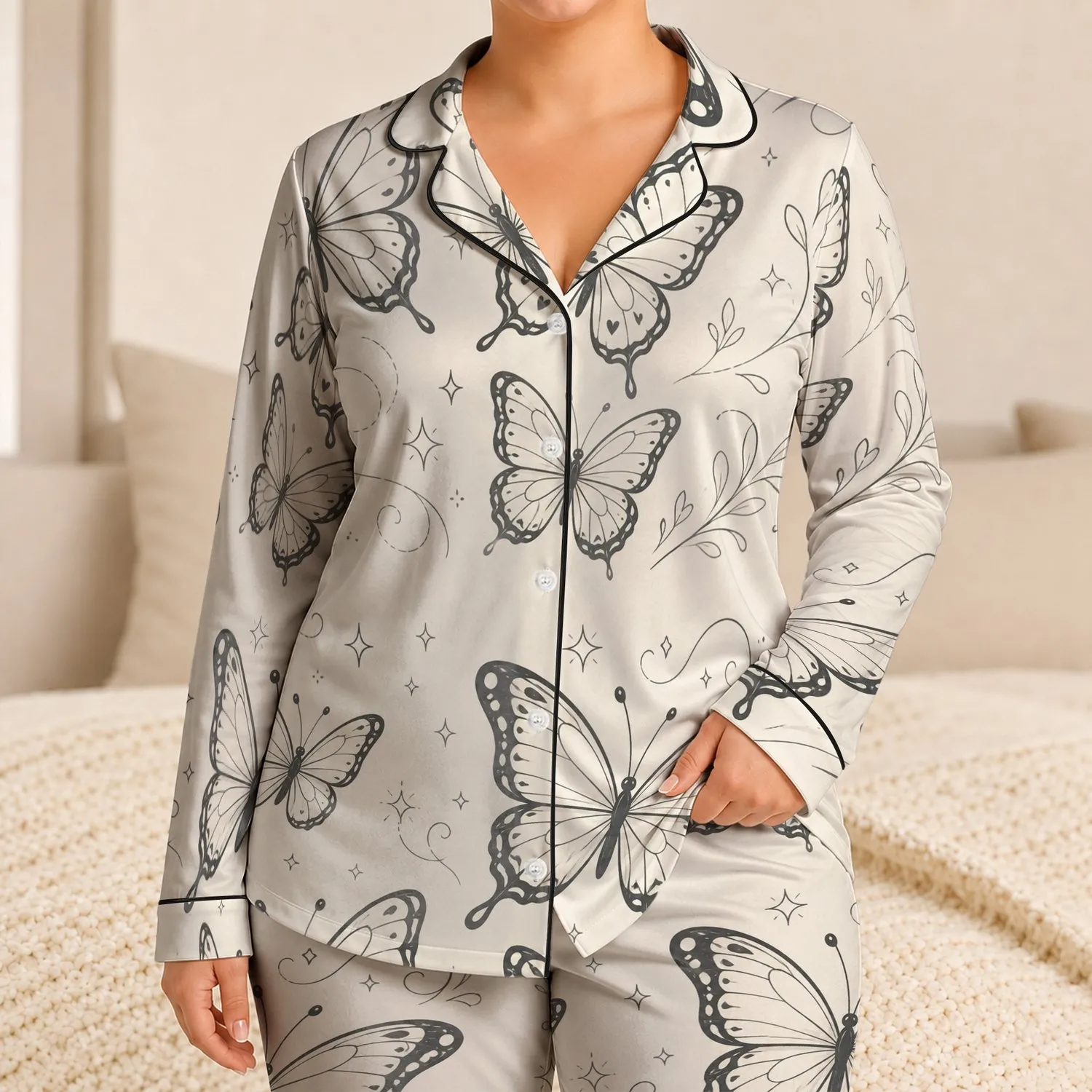Butterfly Sketch Evening Set For Cozy Nights And Gift Giving In Soft Ivory Tones Satin Pajamas Set - 1
