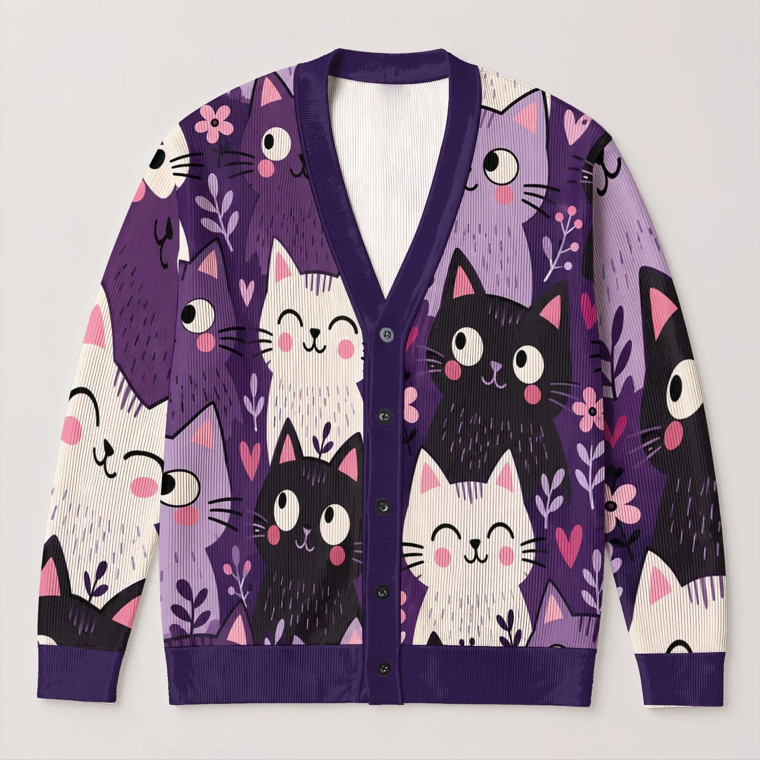 Purple Cat Faces For Playful Everyday Layering And Casual Weekend Style For Women All-over Print Knitted Cardigan - 1