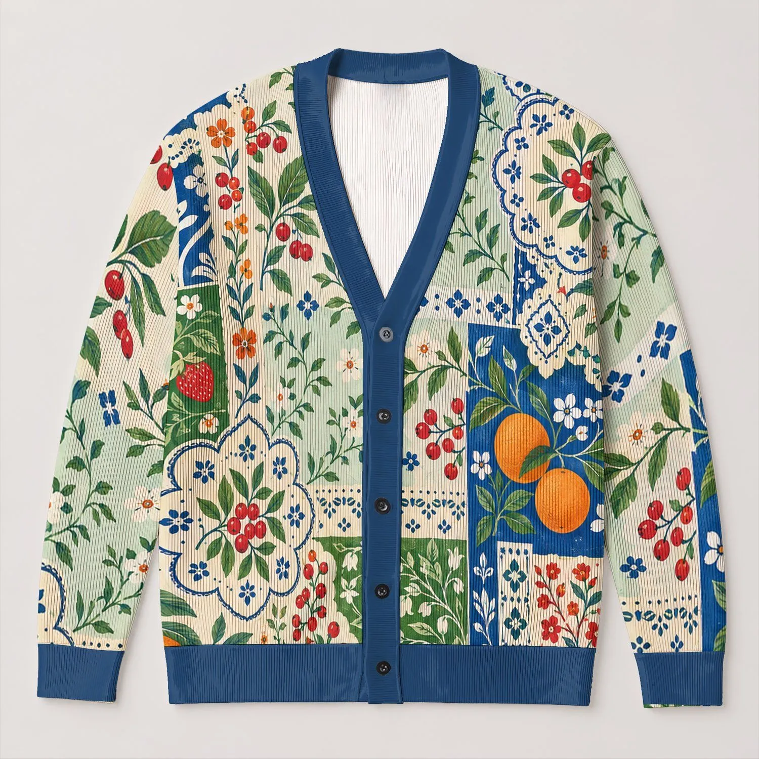 Patchwork Citrus Florals for Beach Days and Casual Layering, Women's Bohemian Style All-over Print Knitted Cardigan - 1