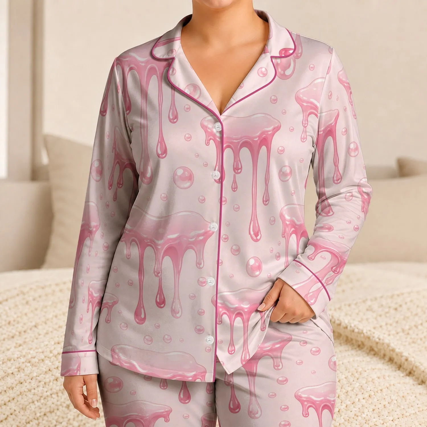 Candy Pink Fluid Drip Blush Lounge Style Sleepover Gift For Women And Girls Weekender Satin Pajamas Set - 1