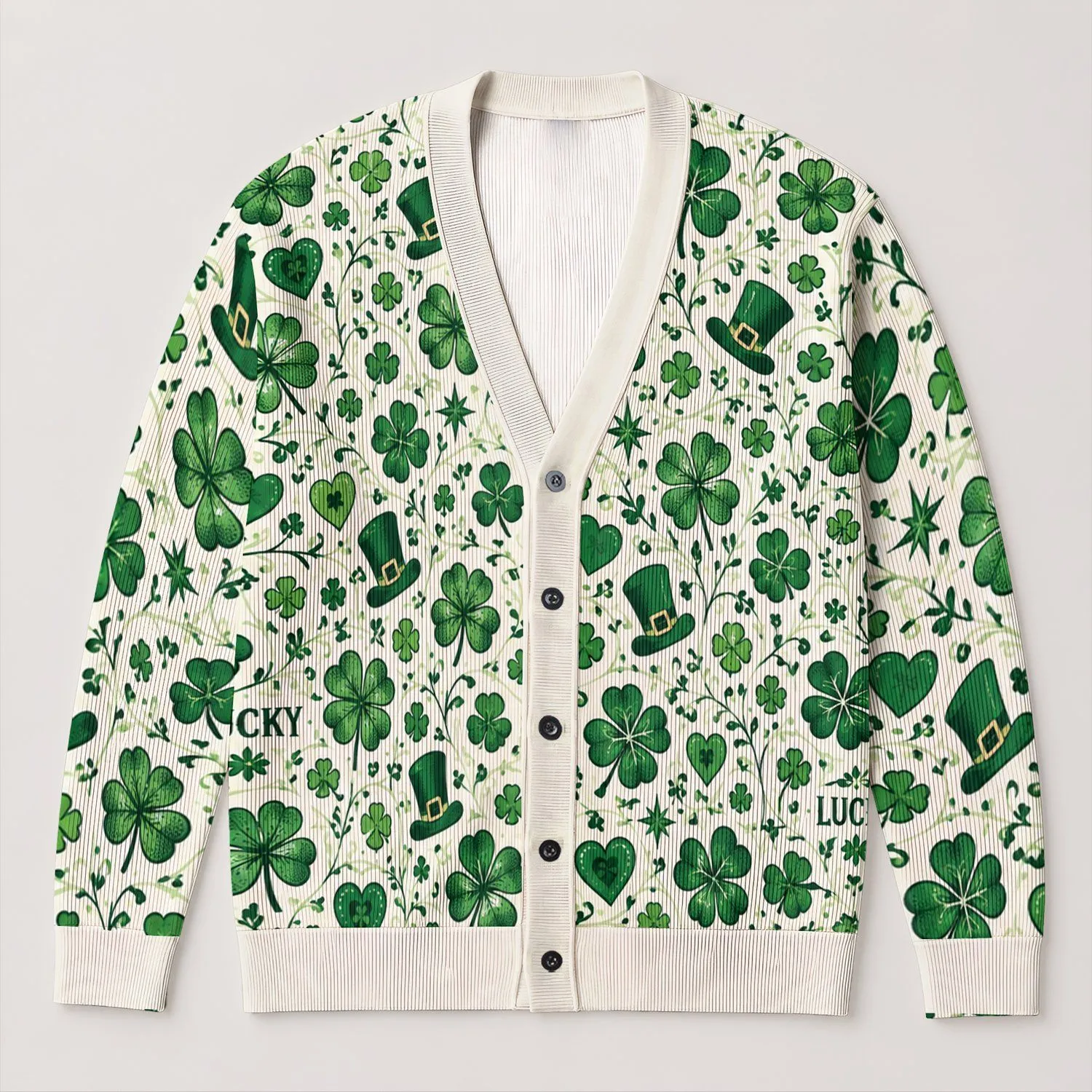 Green Shamrocks and Hearts for St. Patrick’s Day Beach Style, Women’s Spring Layering All-over Print Knitted Cardigan - 1