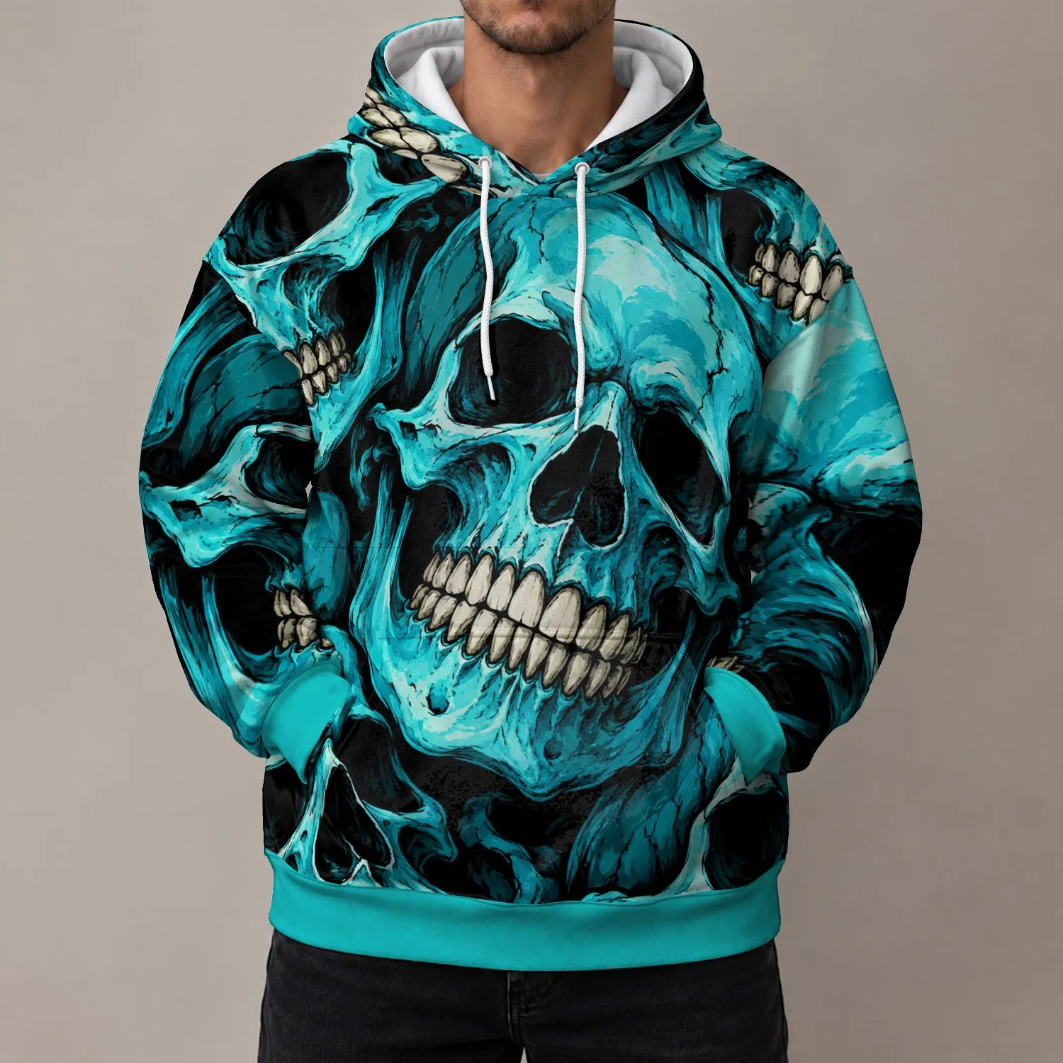 Turquoise Skull Motif for Bold Gothic Streetwear and Alternative Everyday Style All-over Print Hoodie (Lightweight) - 1