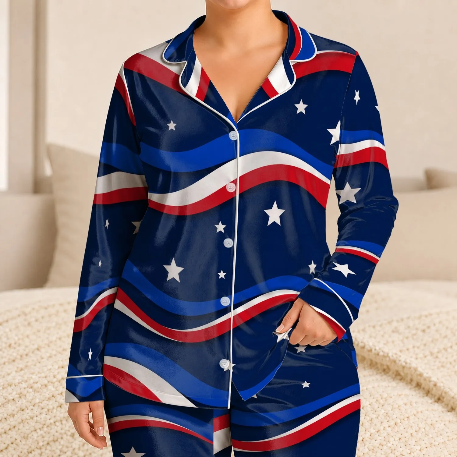 Navy Americana Wave Stars for Summer Beach Days, Patriotic Lounge Style for Women Satin Pajamas Set - 1