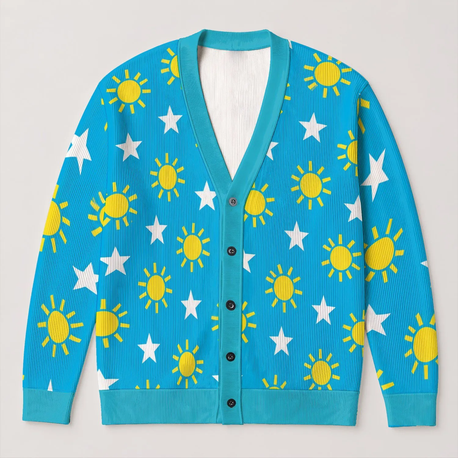 Blue Sun And Star Motifs For Relaxed Everyday Layering, Women's Casual Homewear Style All-over Print Knitted Cardigan - 1