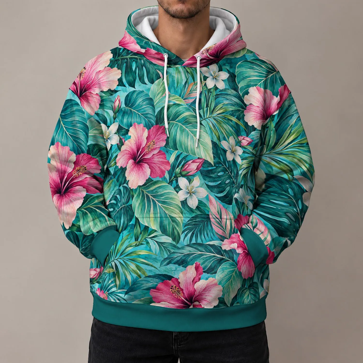 Turquoise Floral Botanical Leaves for Relaxed Weekend Style and Everyday Nature Lovers All-over Print Hoodie (Lightweight) - 1
