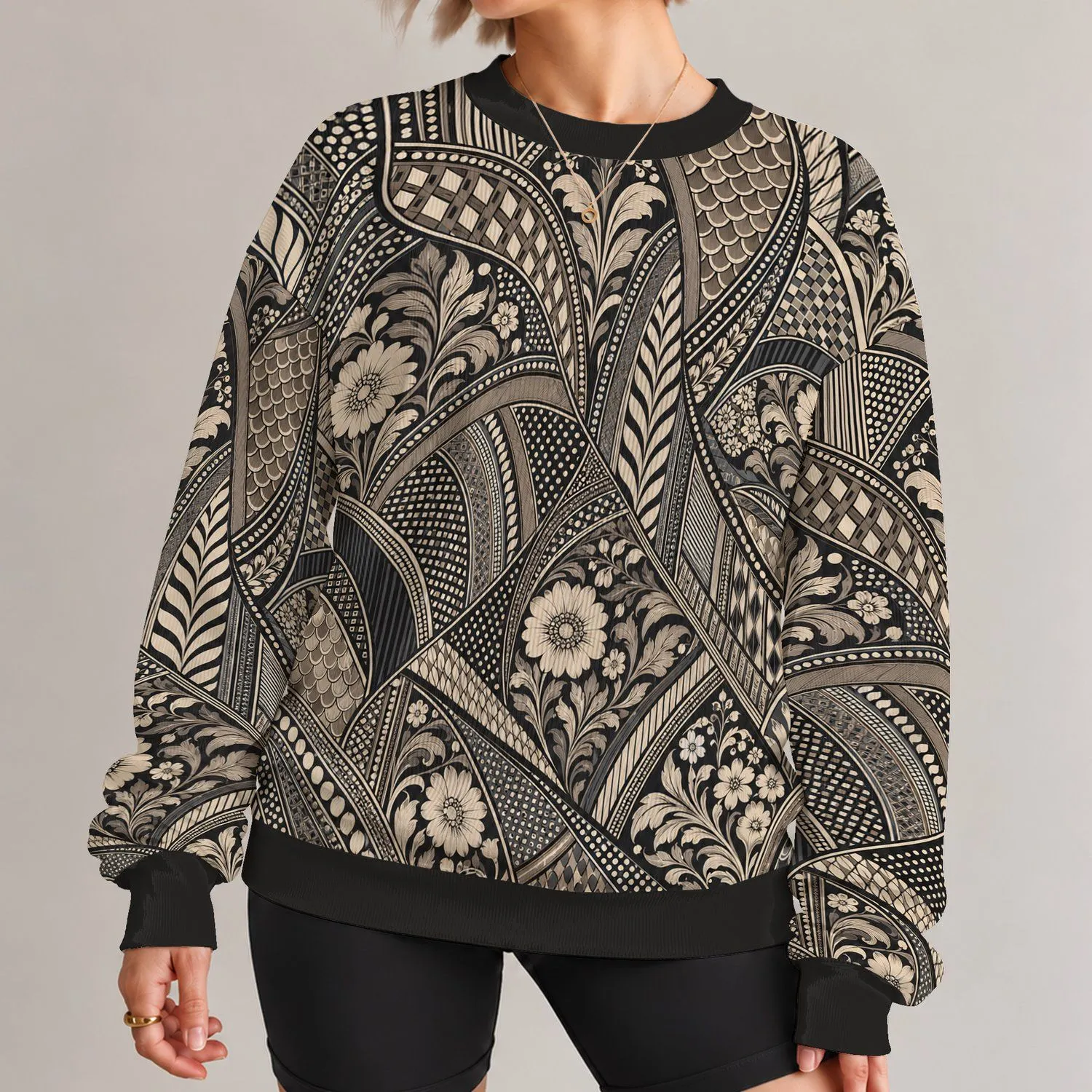 Charcoal Geometric Mosaic for Elegant Autumn Evenings and Artistic Everyday Style All-over Print Knitted Sweater - 1