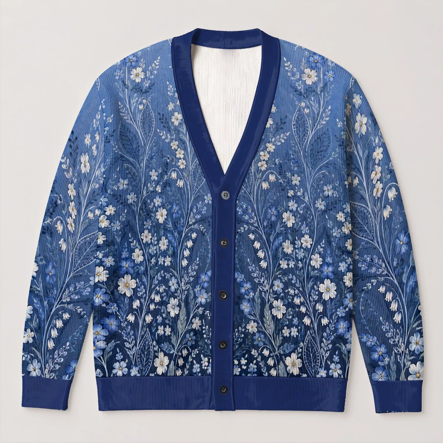 Blue Wildflower Lace Motif for Beach Days and Relaxed Vacation Layering Women’s Style All-over Print Knitted Cardigan - 1