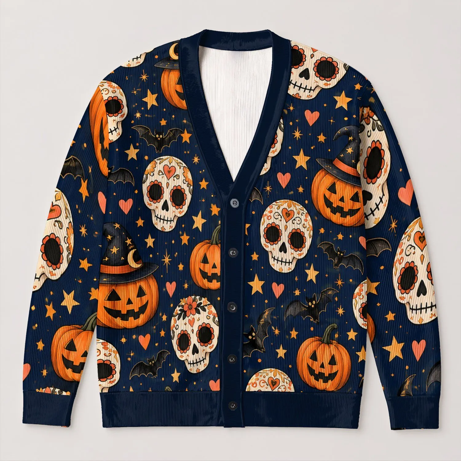 Halloween Skull Pumpkin Bats and Stars for Cozy Fall Layering Women's Gothic Style All-over Print Knitted Cardigan - 1
