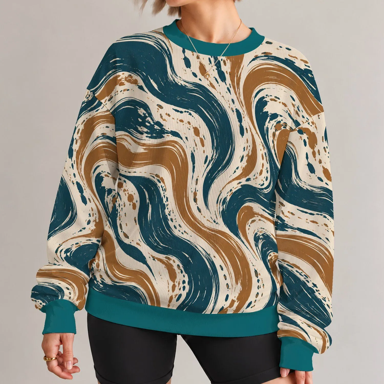 Teal And Caramel Swirling Waves For Cozy Autumn Style And Everyday Wear All-over Print Knitted Sweater - 1