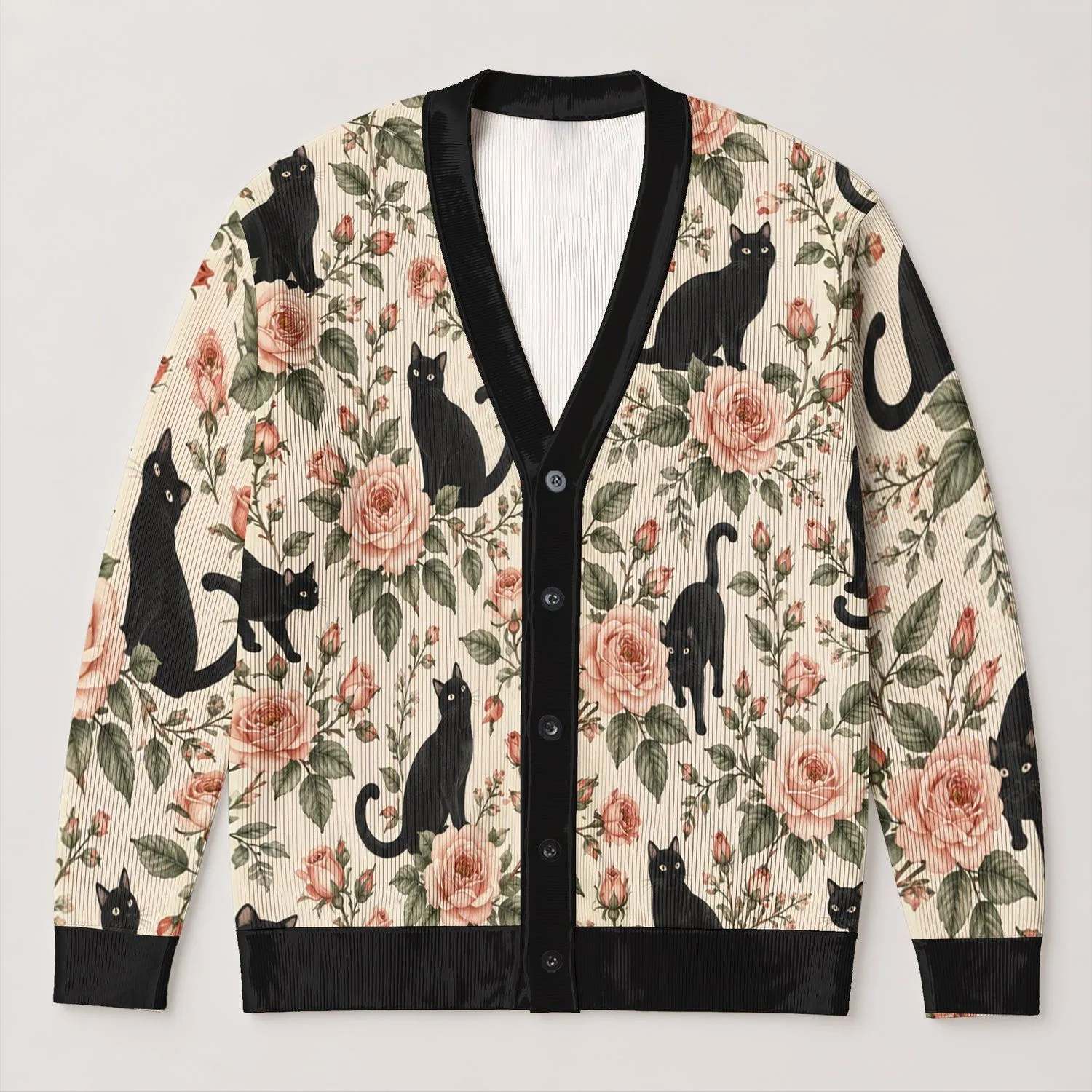 Black Cats And Blush Roses For Whimsical Everyday Layering, Garden Days And Cat Lovers All-over Print Knitted Cardigan - 1
